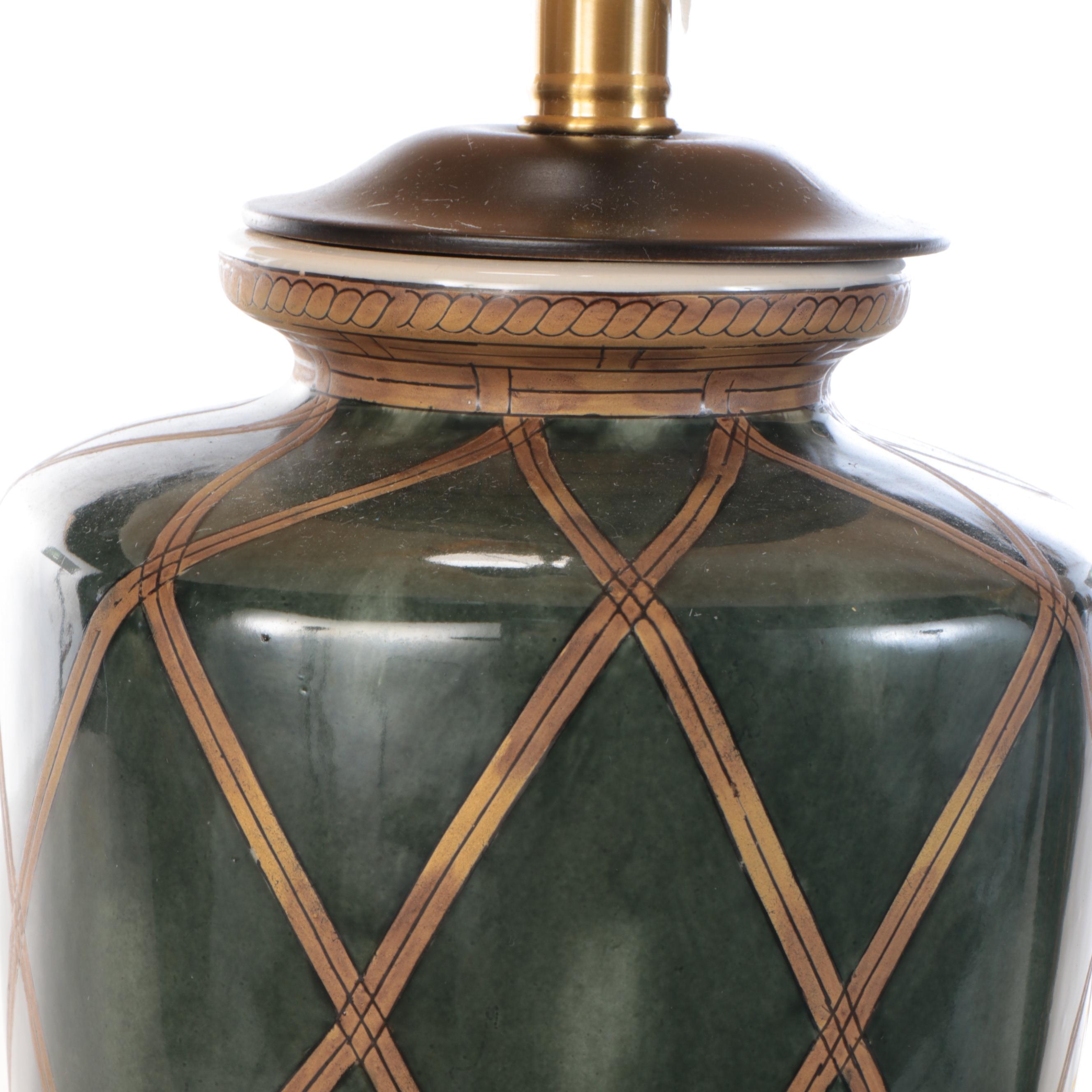 Paid of Oriental Accent Lattice Pattern Ceramic Lamps with Bradburn Shades