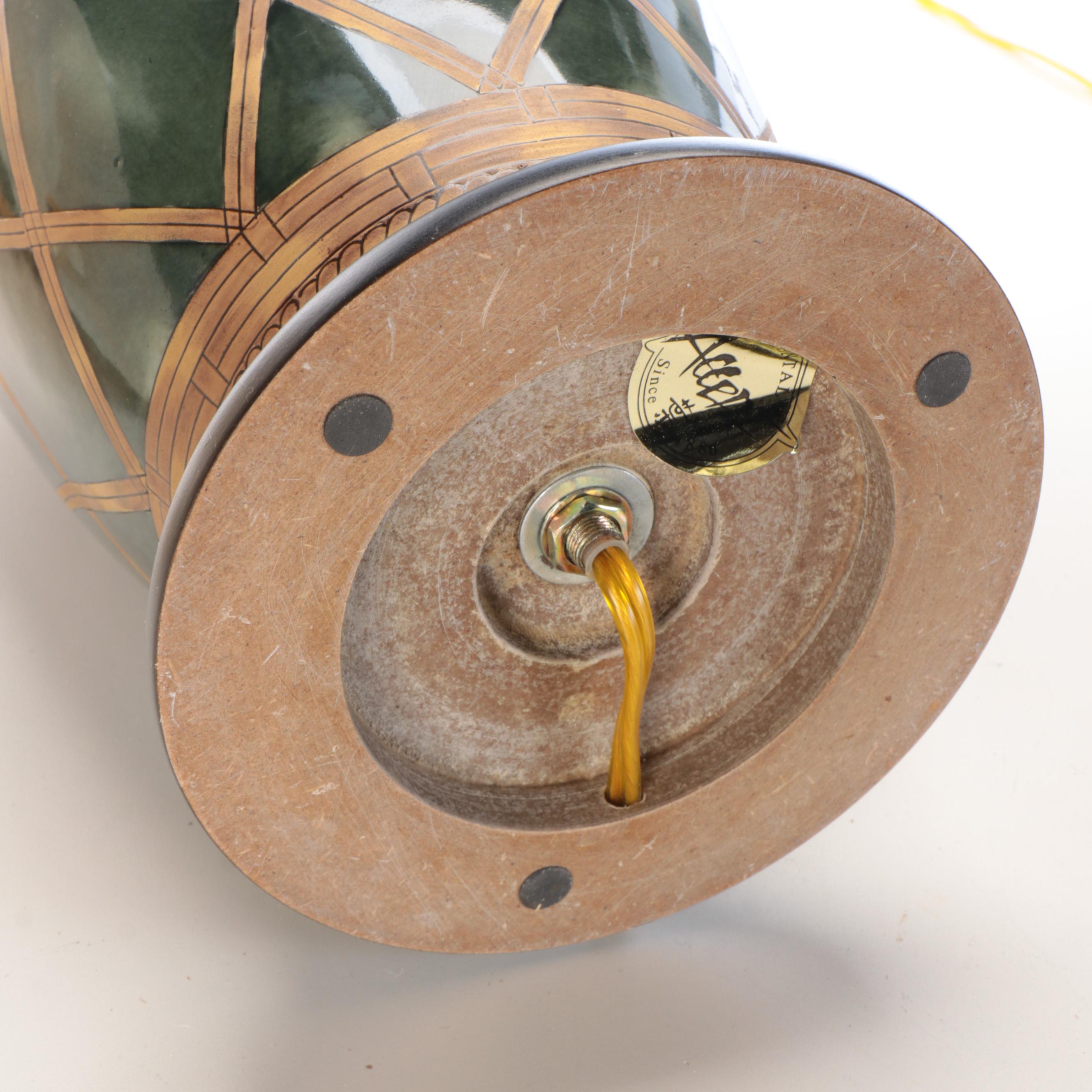 Paid of Oriental Accent Lattice Pattern Ceramic Lamps with Bradburn Shades