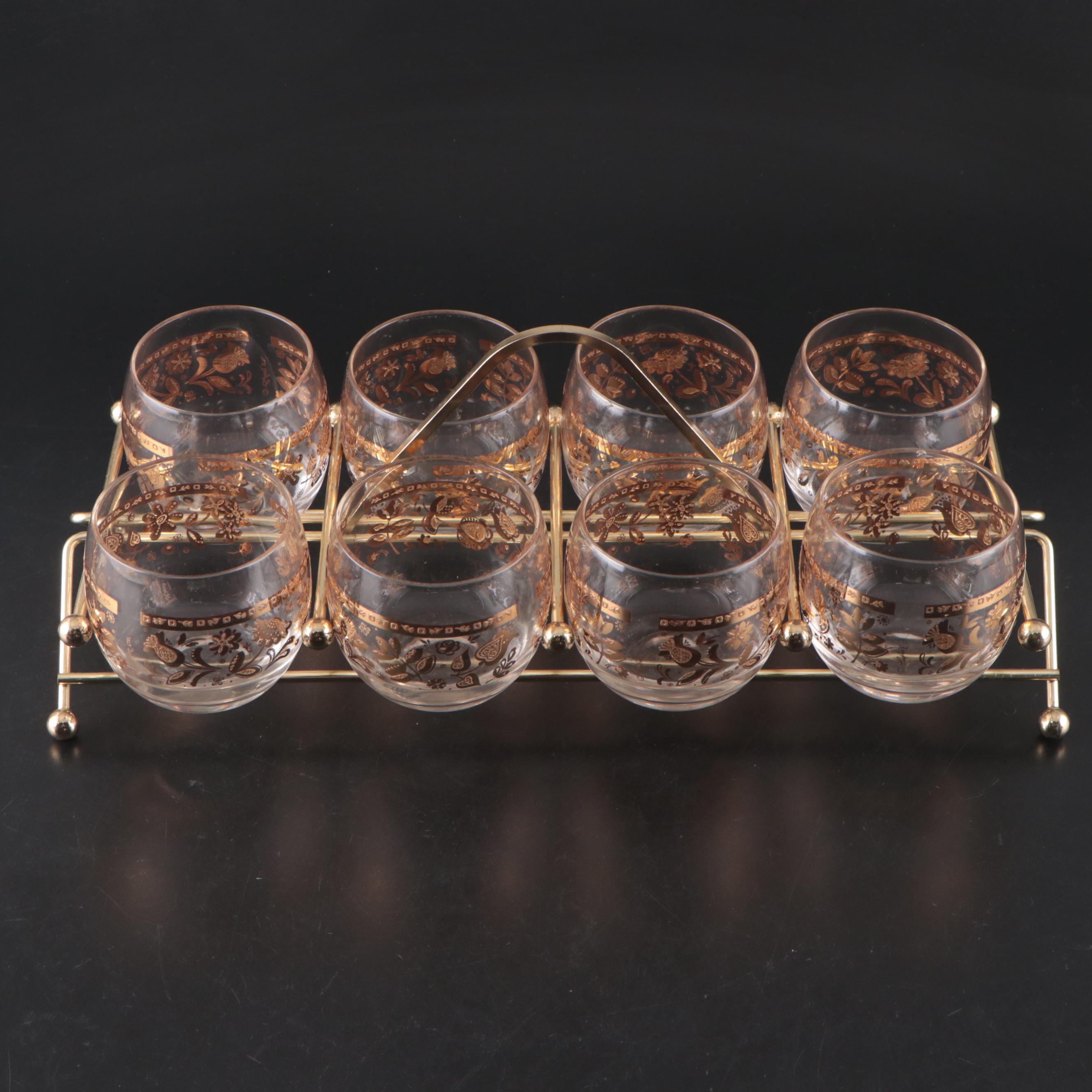 Culver "Chantilly" Roly Poly Glasses with Metal Caddy, Mid-20th Century