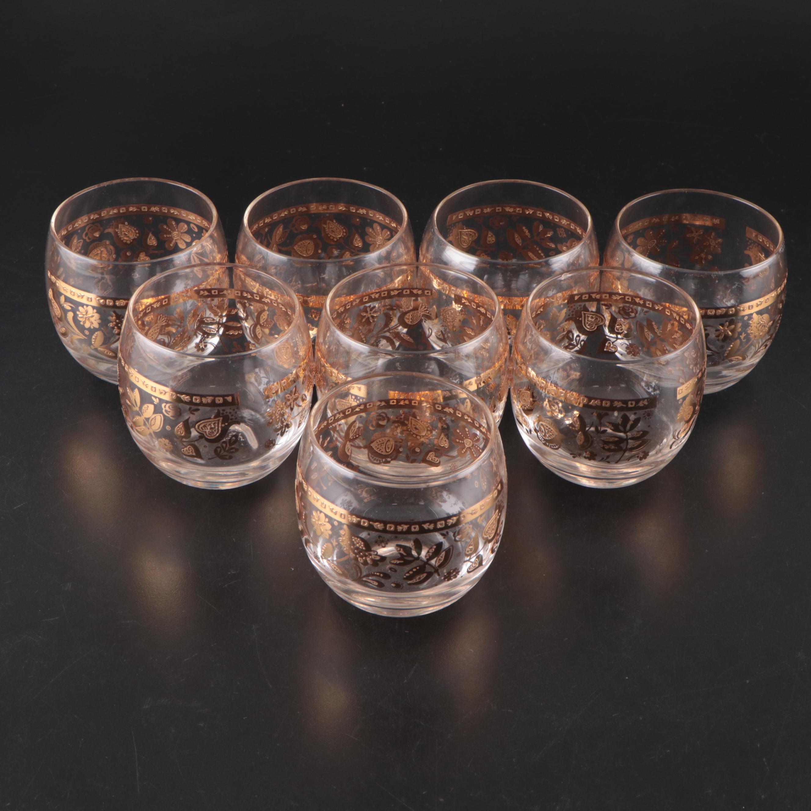 Culver "Chantilly" Roly Poly Glasses with Metal Caddy, Mid-20th Century