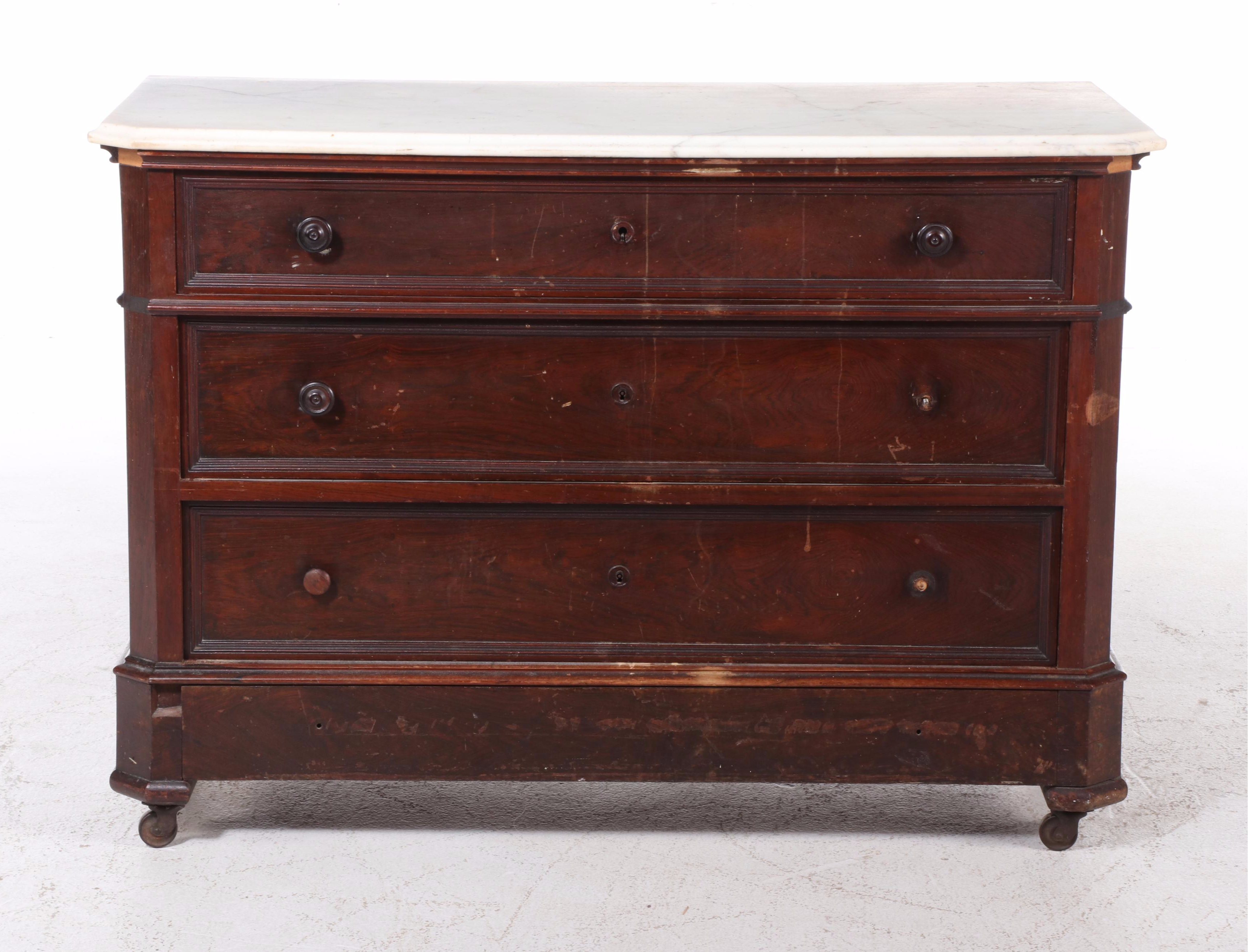 Victorian Marble Top Mahogany Four-Drawer Chest, 19th Century