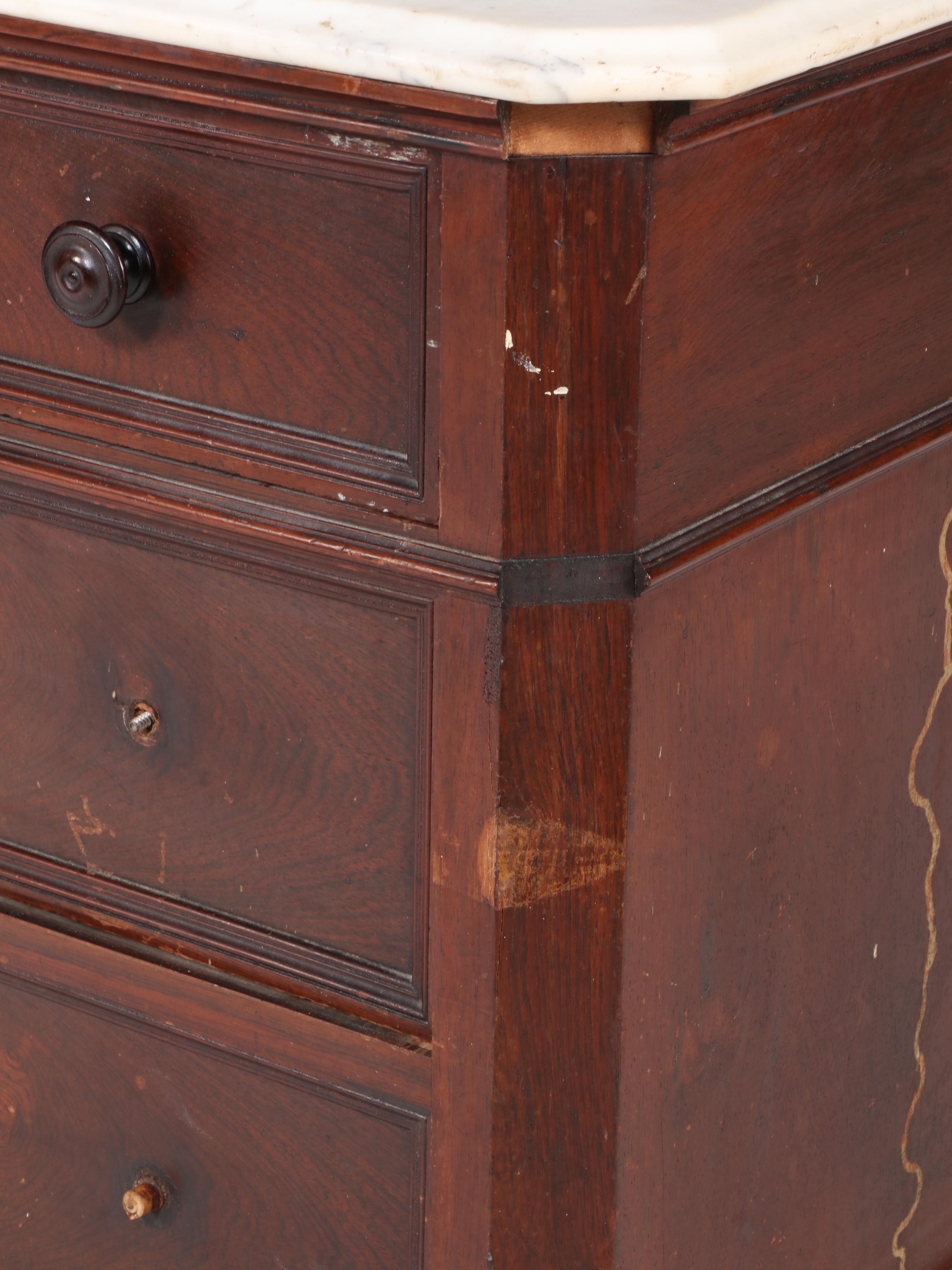 Victorian Marble Top Mahogany Four-Drawer Chest, 19th Century