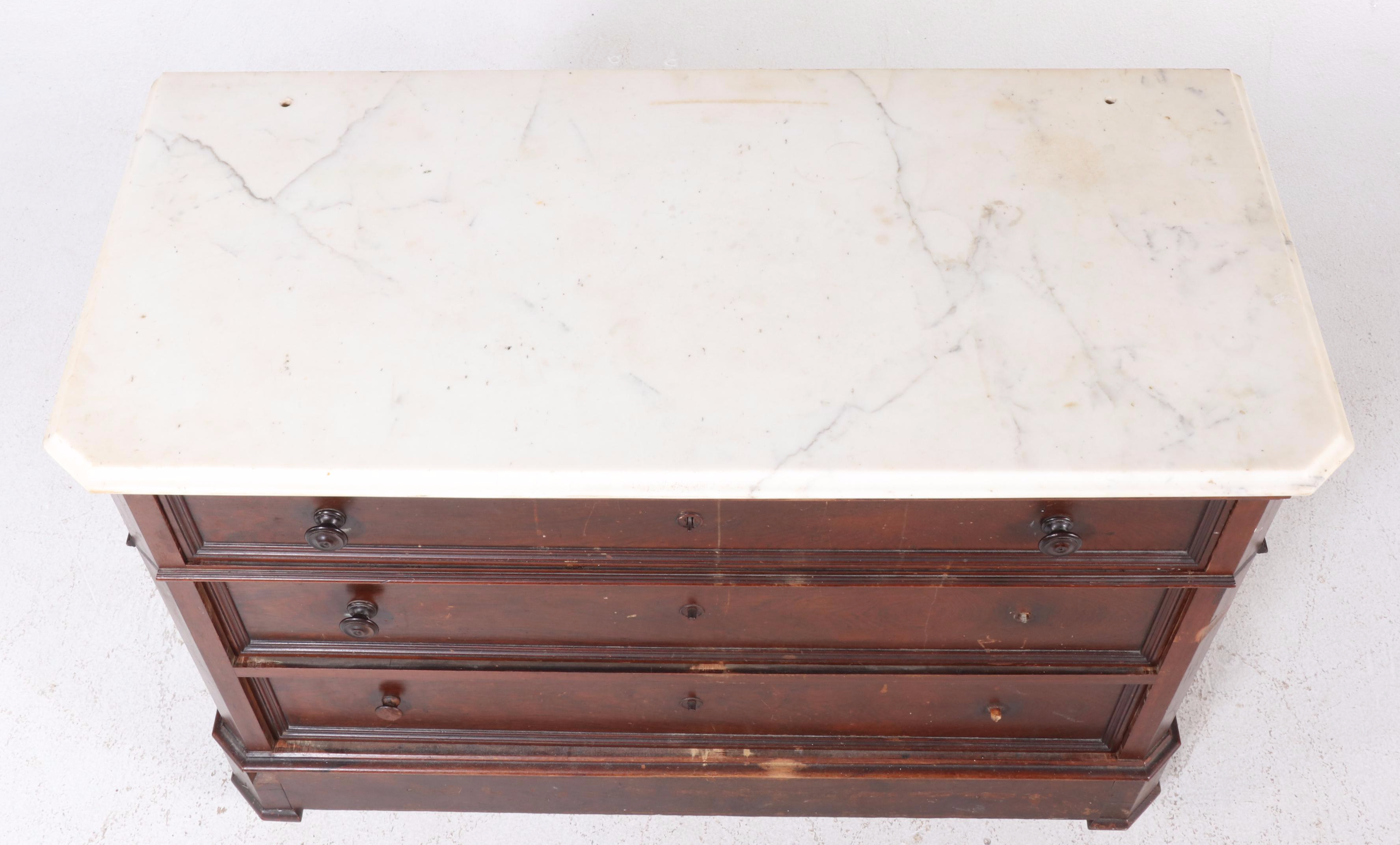 Victorian Marble Top Mahogany Four-Drawer Chest, 19th Century