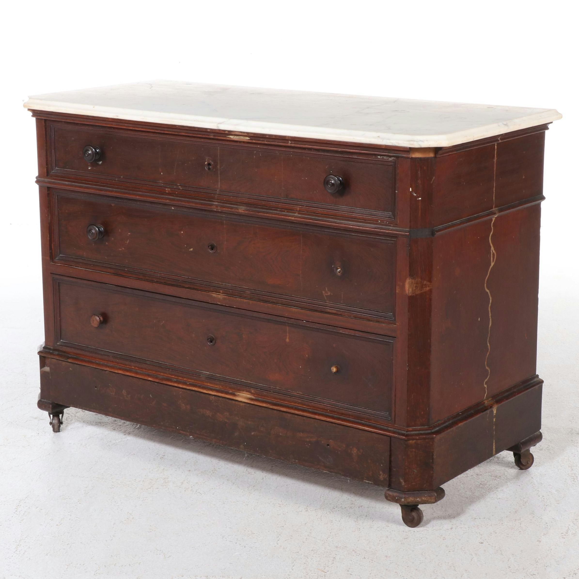 Victorian Marble Top Mahogany Four-Drawer Chest, 19th Century