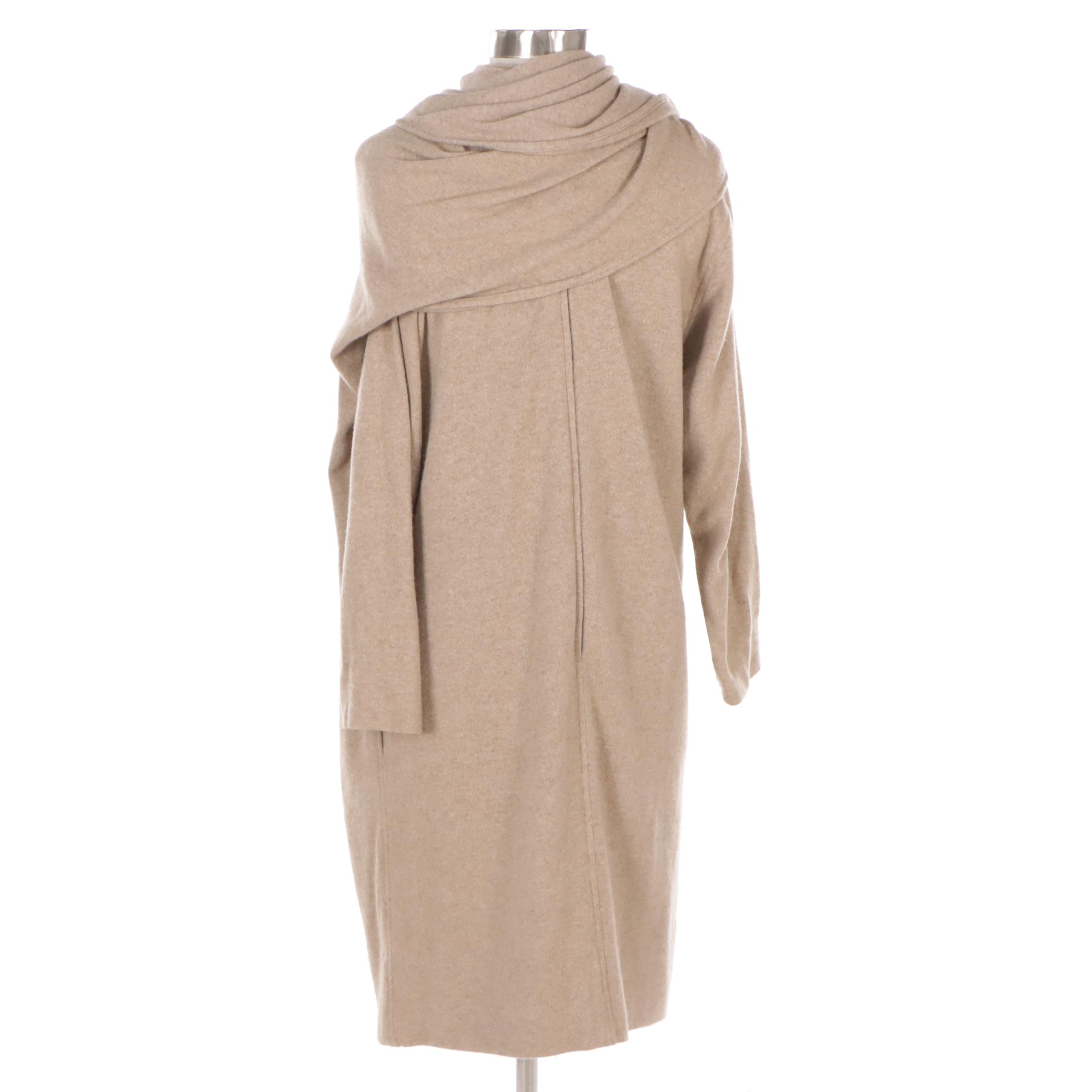 Oscar de La Renta Tan Cashmere Knit Sweater Dress with Wrap Scarf Detail