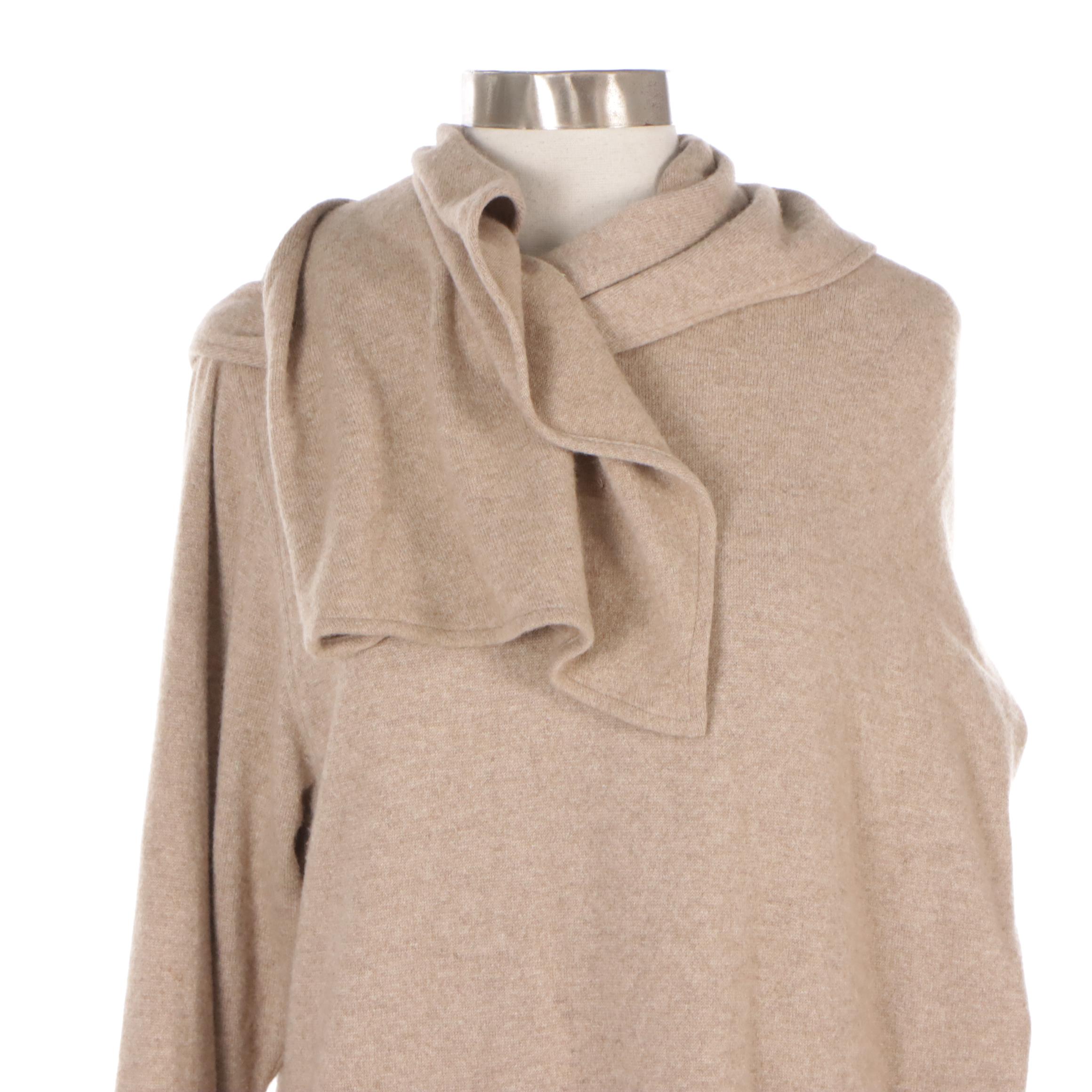 Oscar de La Renta Tan Cashmere Knit Sweater Dress with Wrap Scarf Detail