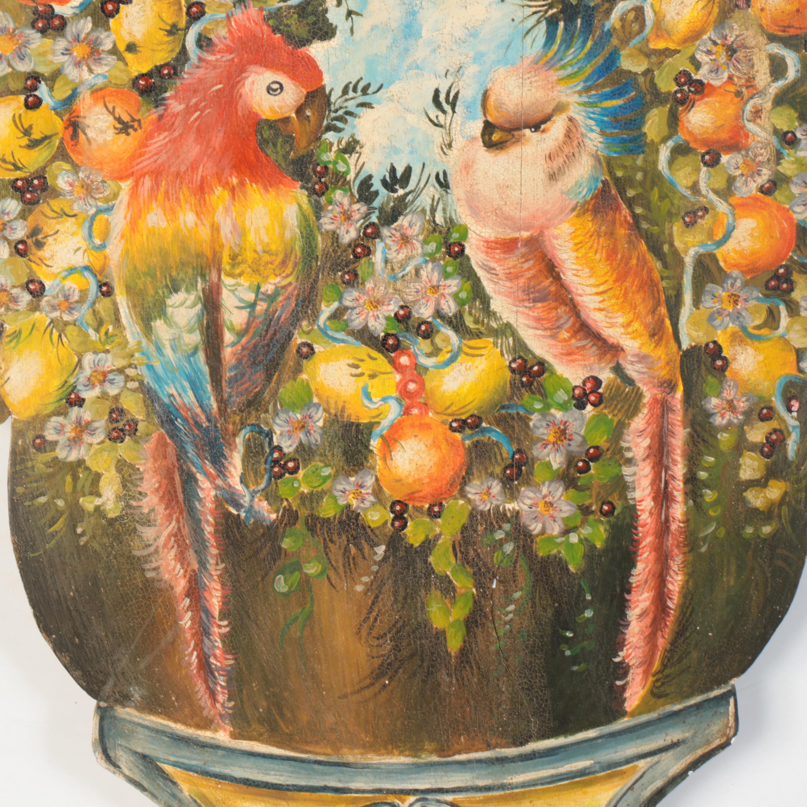 Oil Painting on Cut Out Wood Panel of Parrots in Fruit Tree Topiary