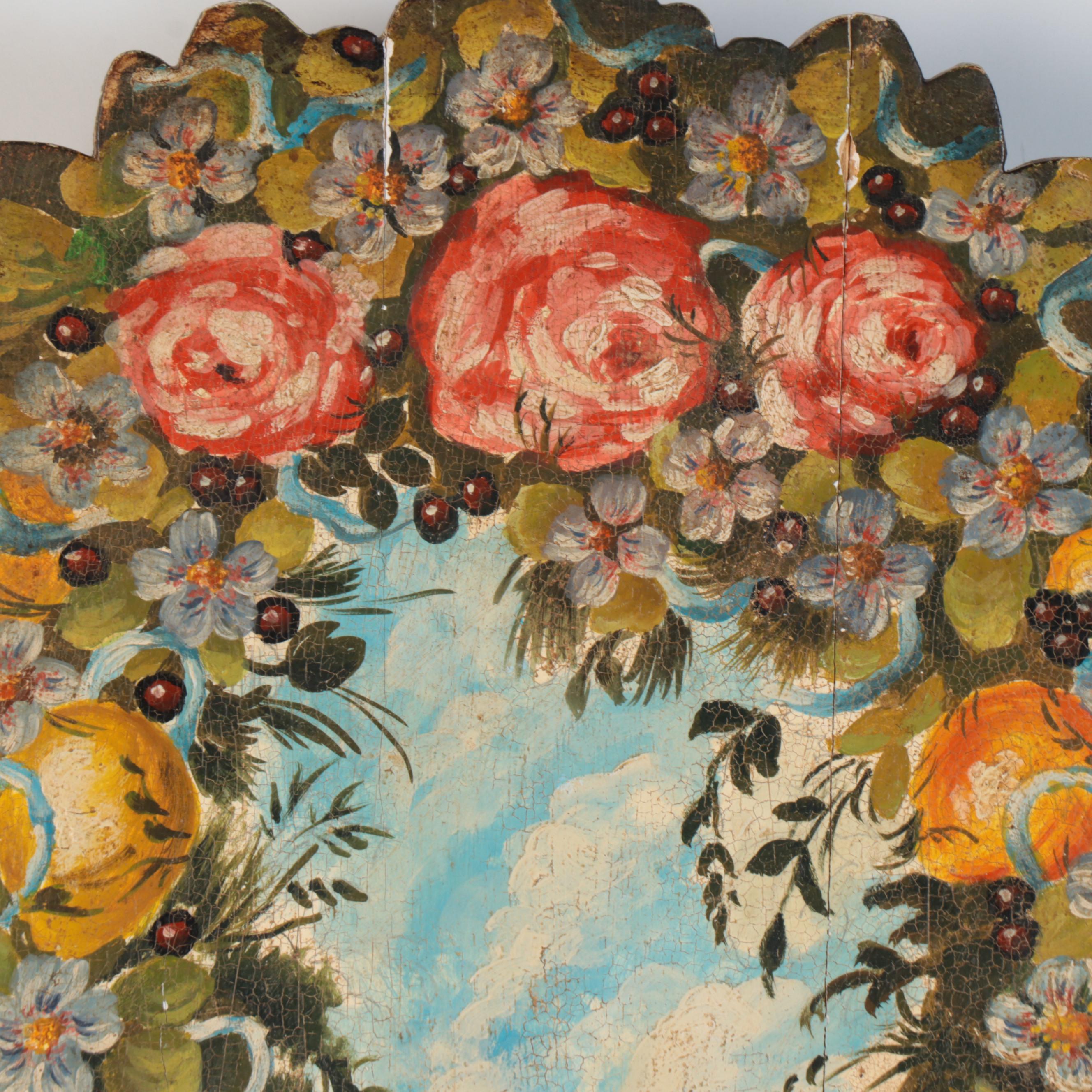 Oil Painting on Cut Out Wood Panel of Parrots in Fruit Tree Topiary