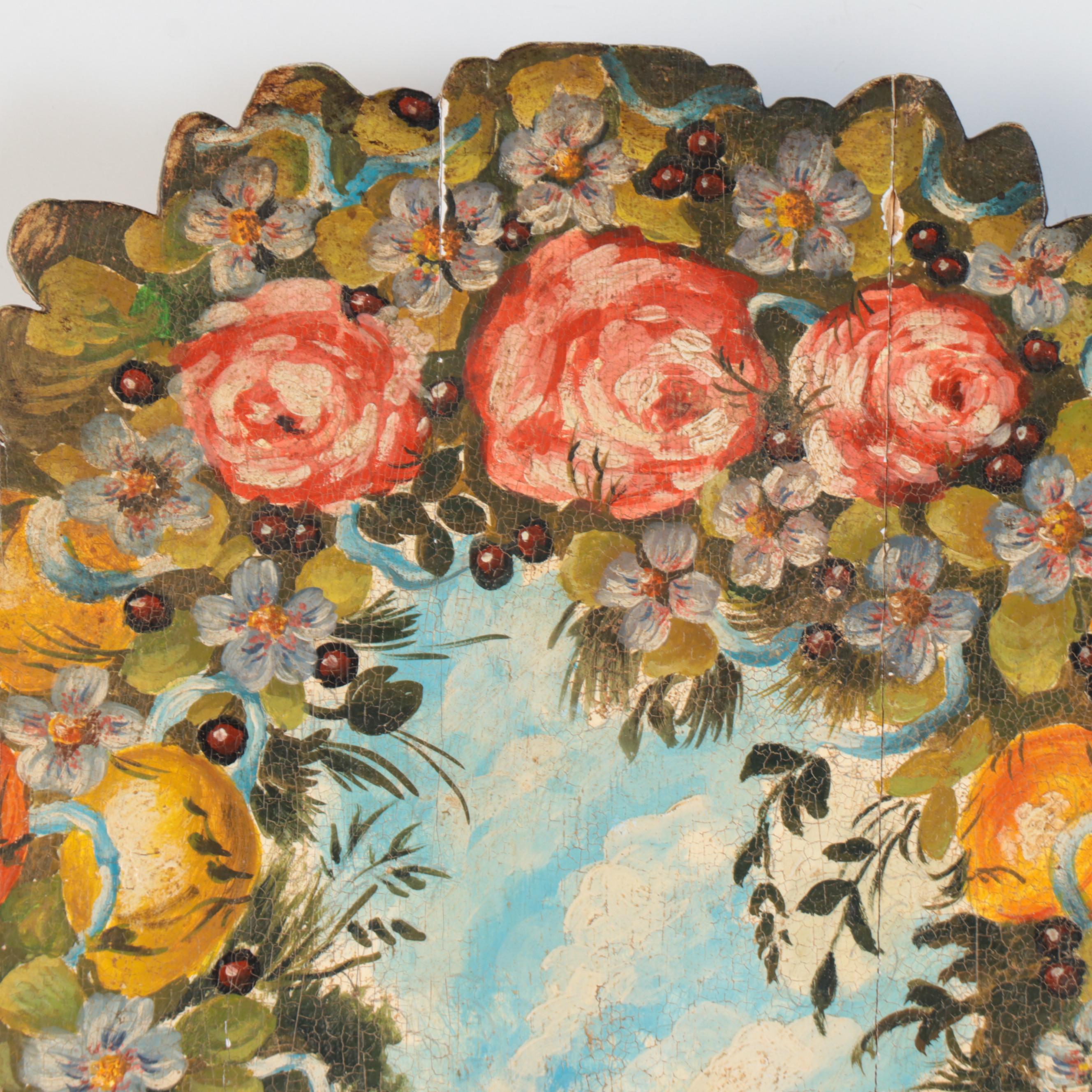 Oil Painting on Cut Out Wood Panel of Parrots in Fruit Tree Topiary