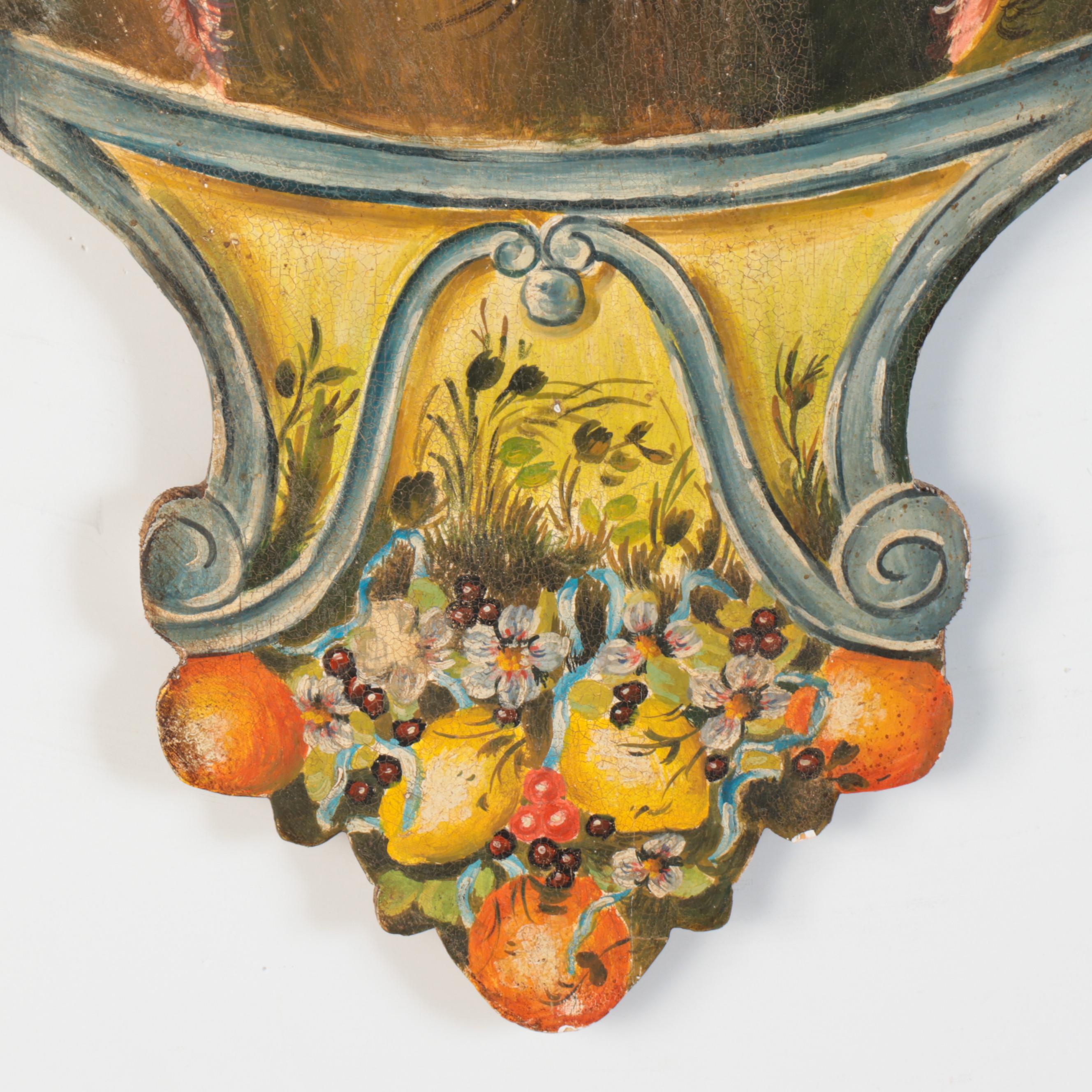 Oil Painting on Cut Out Wood Panel of Parrots in Fruit Tree Topiary