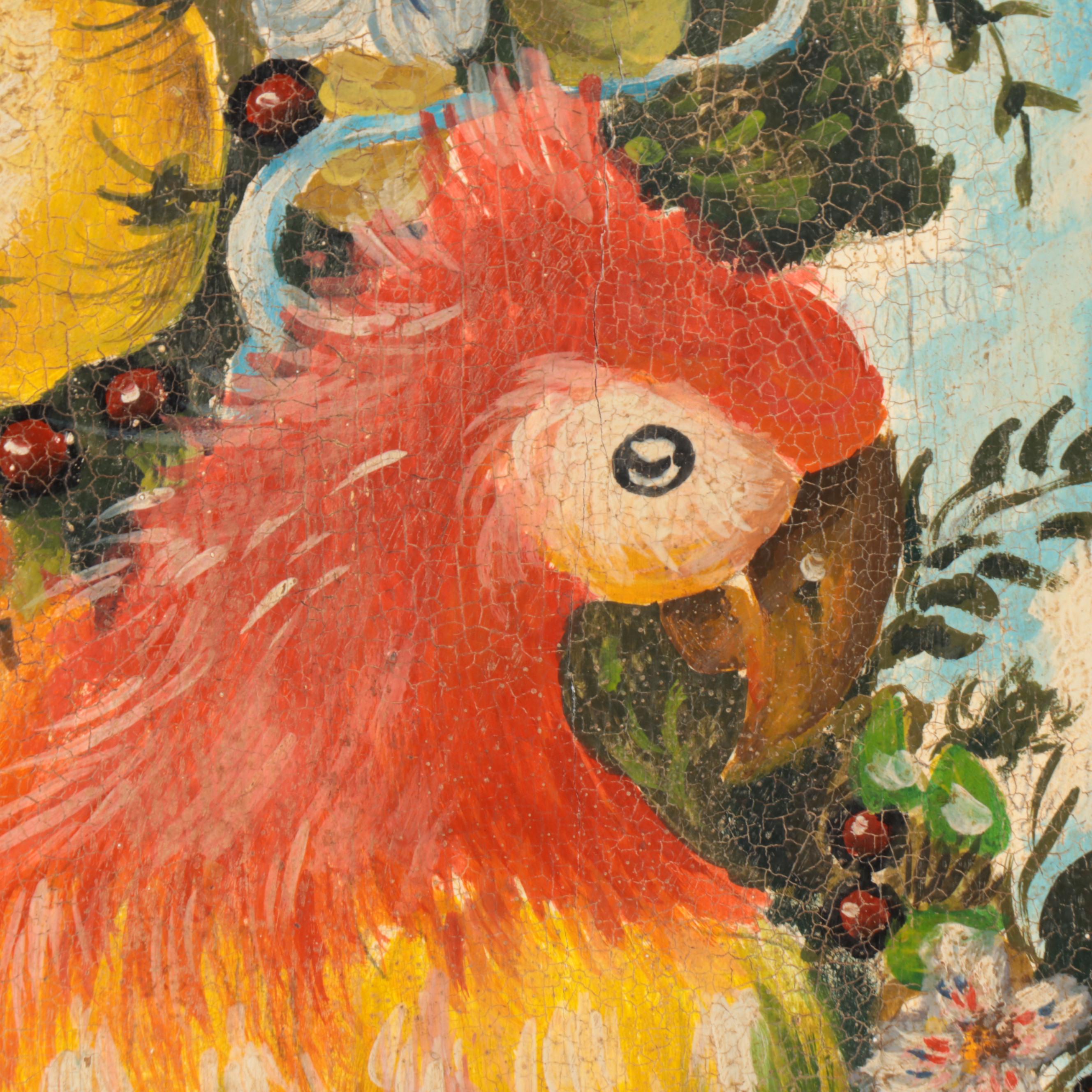 Oil Painting on Cut Out Wood Panel of Parrots in Fruit Tree Topiary