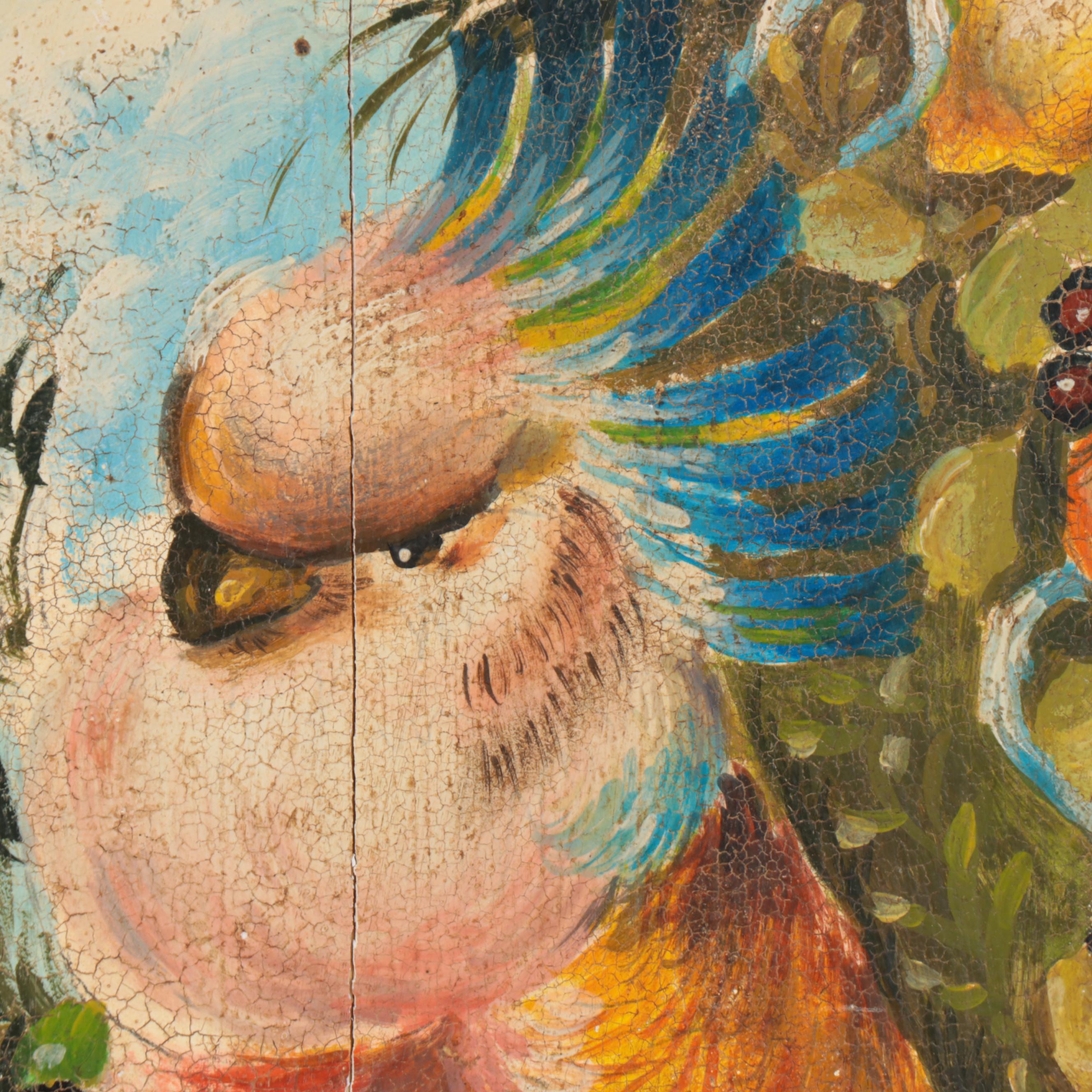 Oil Painting on Cut Out Wood Panel of Parrots in Fruit Tree Topiary