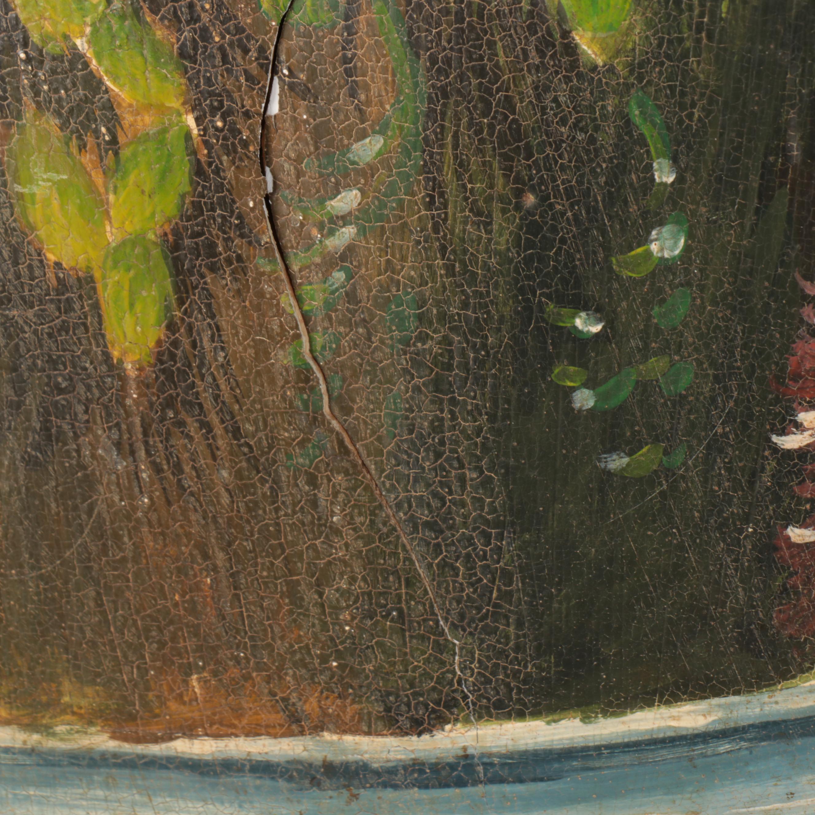 Oil Painting on Cut Out Wood Panel of Parrots in Fruit Tree Topiary