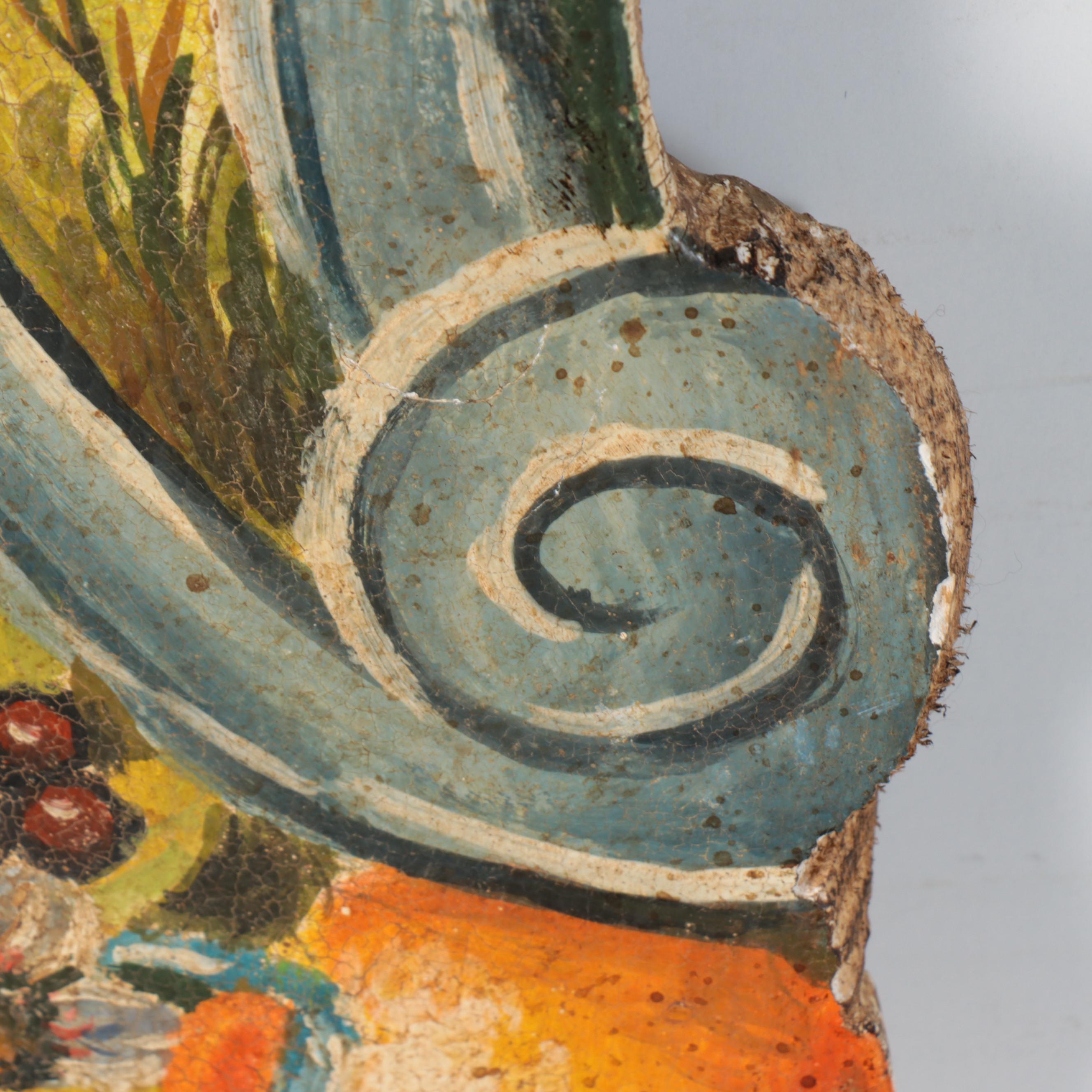 Oil Painting on Cut Out Wood Panel of Parrots in Fruit Tree Topiary