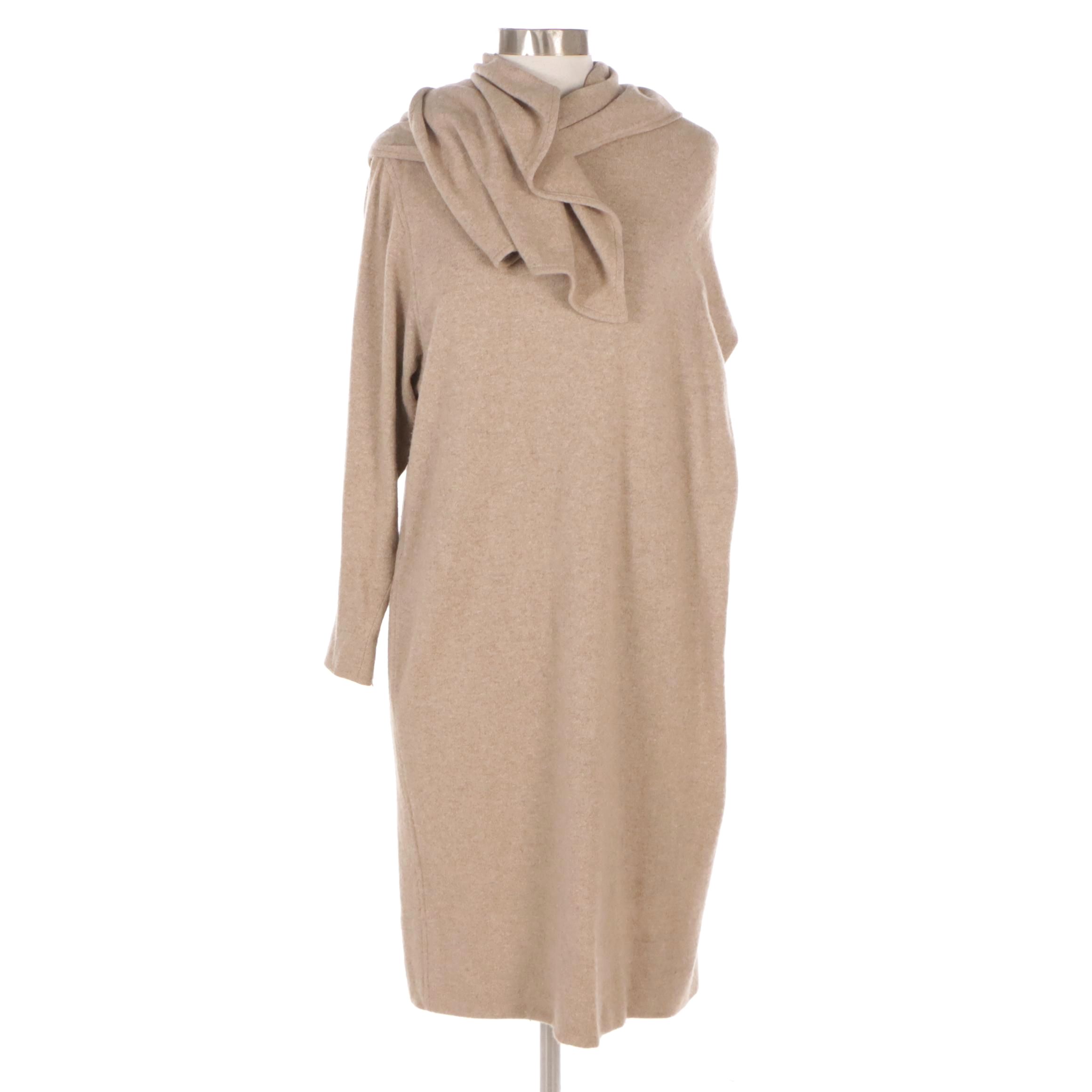 Oscar de La Renta Tan Cashmere Knit Sweater Dress with Wrap Scarf Detail