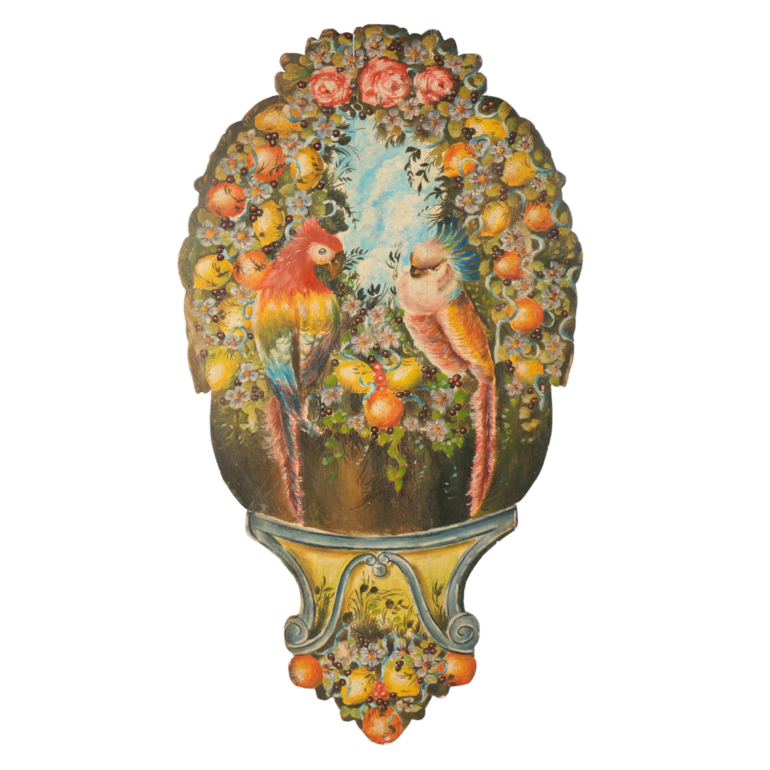 Oil Painting on Cut Out Wood Panel of Parrots in Fruit Tree Topiary