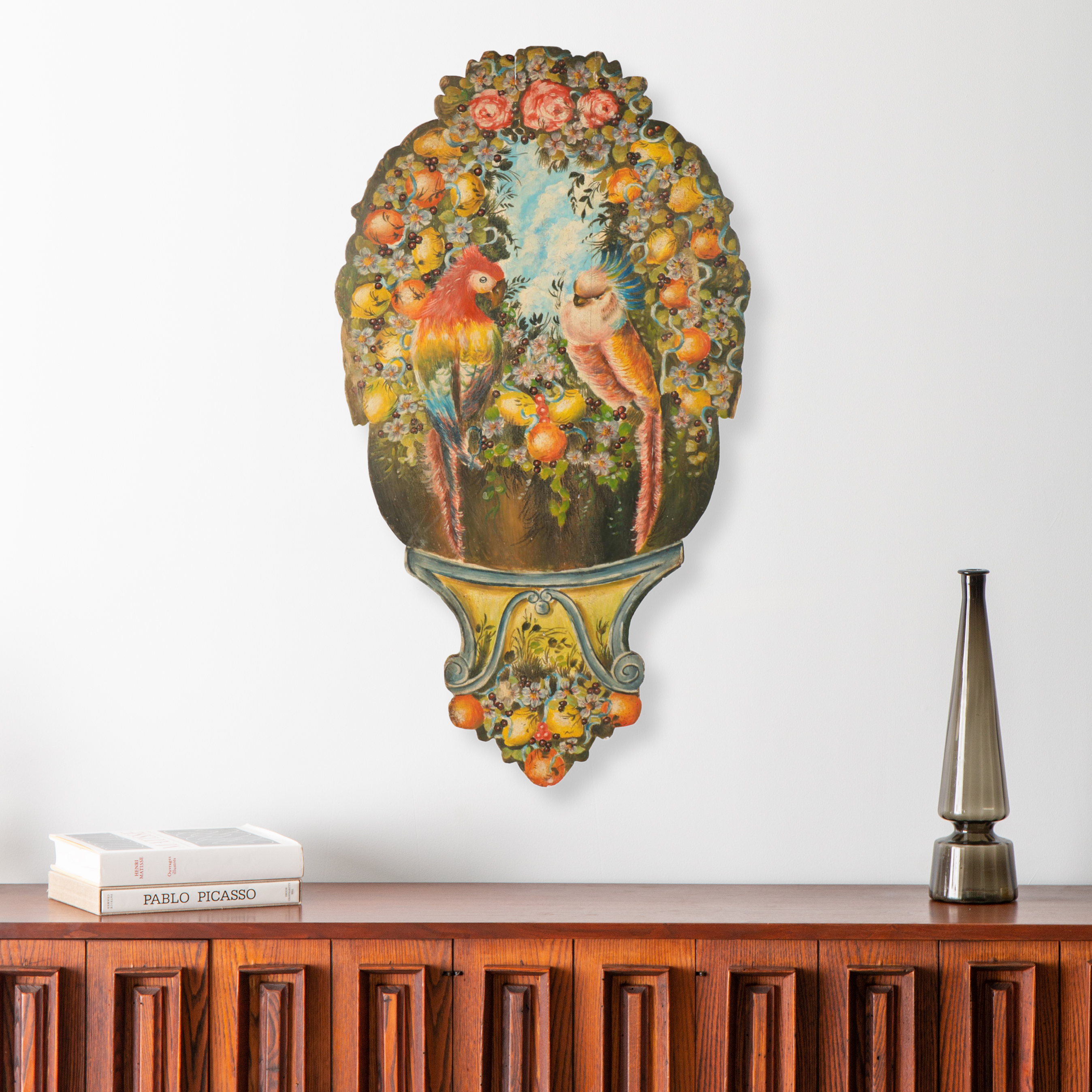 Oil Painting on Cut Out Wood Panel of Parrots in Fruit Tree Topiary