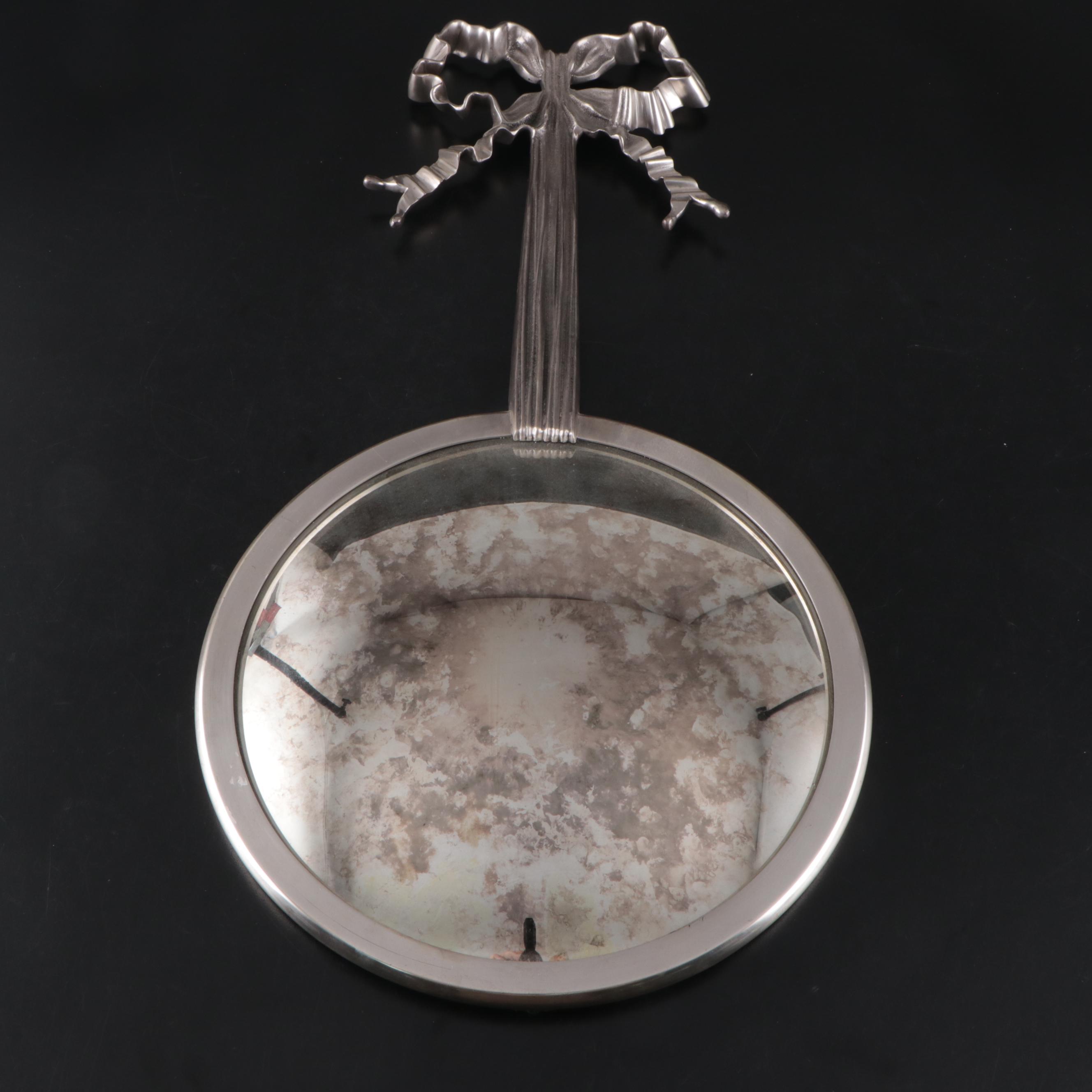 Adams Style Silver Tone Metal Convex Fisheye Wall Mirror with Bow Detail