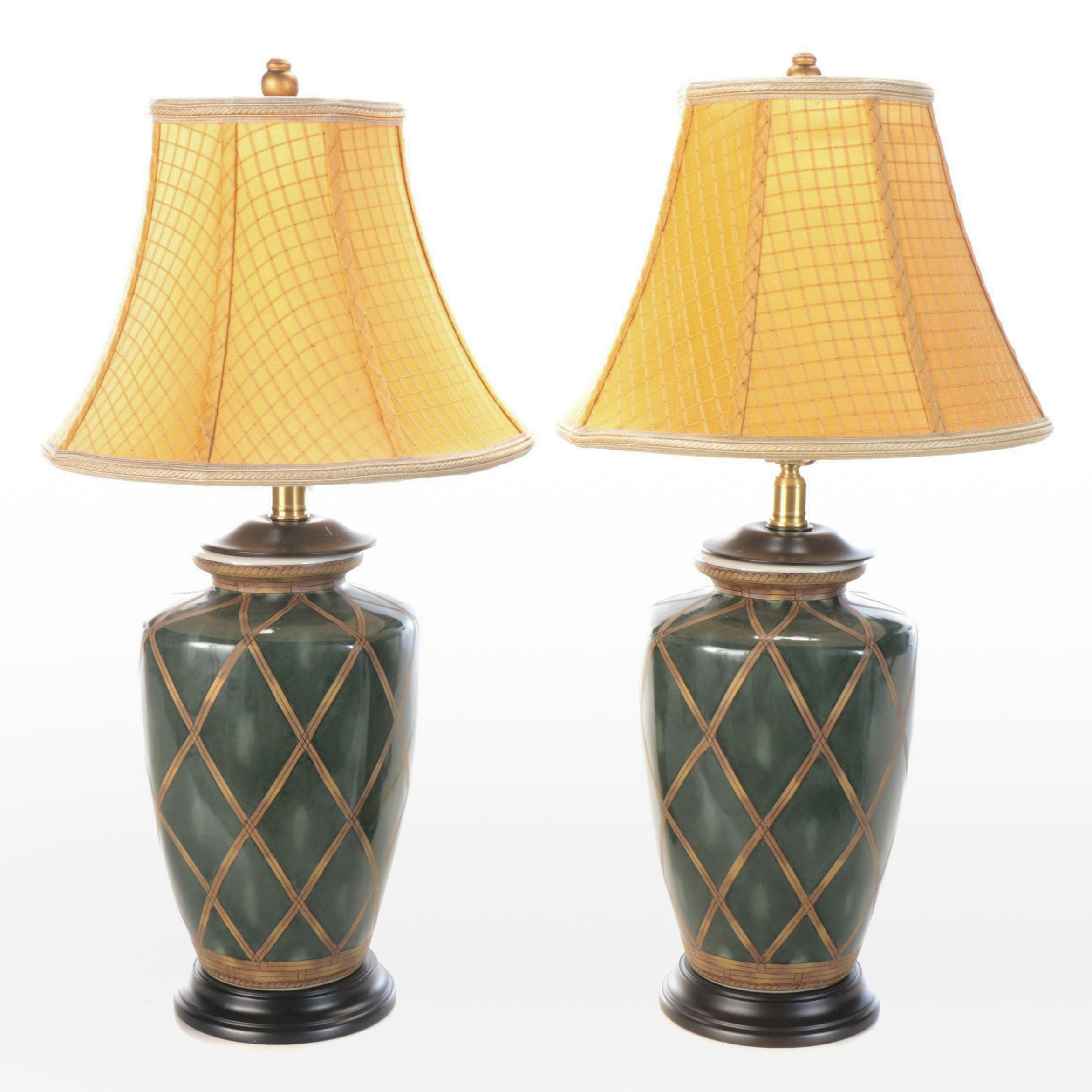 Paid of Oriental Accent Lattice Pattern Ceramic Lamps with Bradburn Shades
