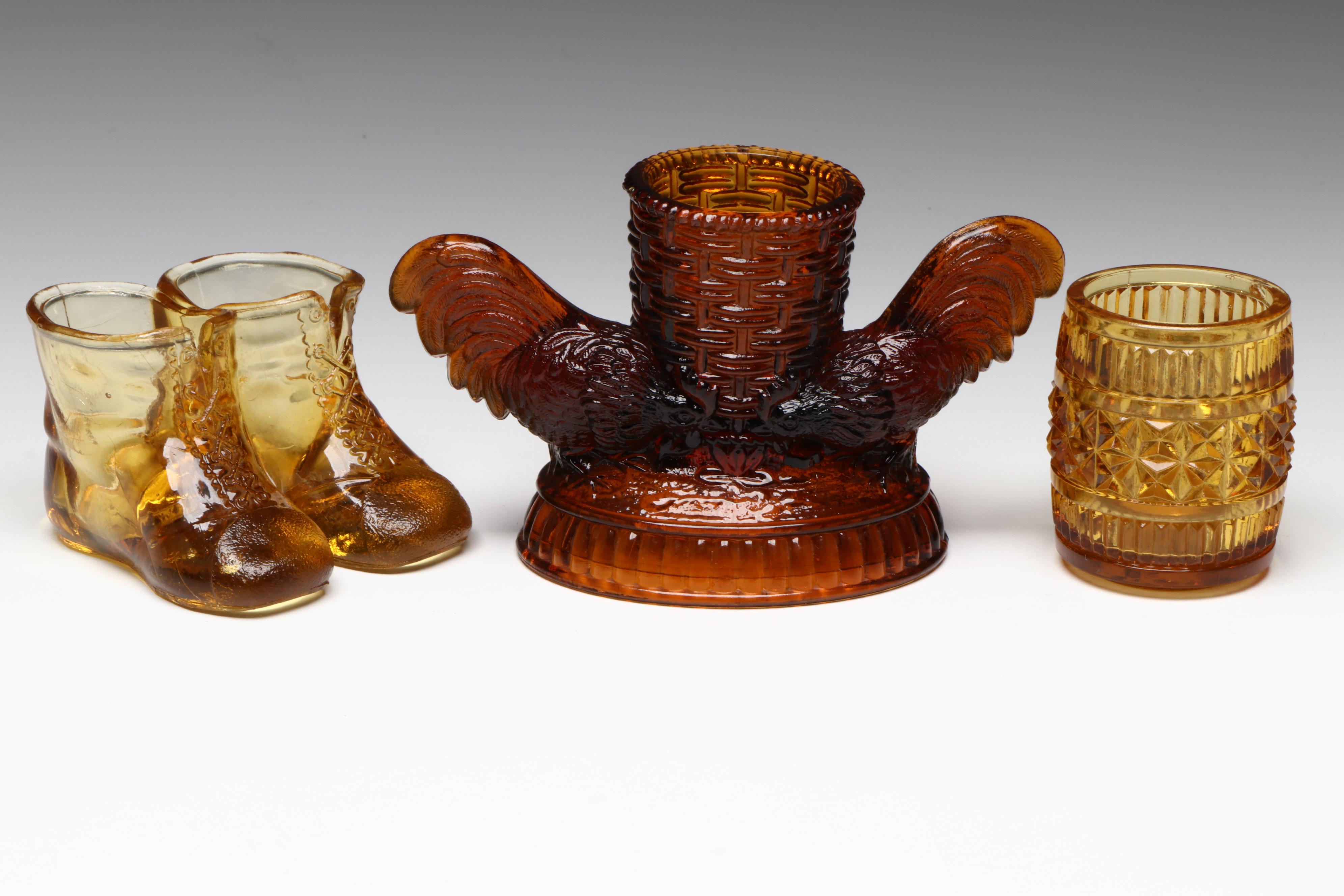 Amber Glass Wheat Brushel Toothpick Holder with Other Glass Toothpick Holders
