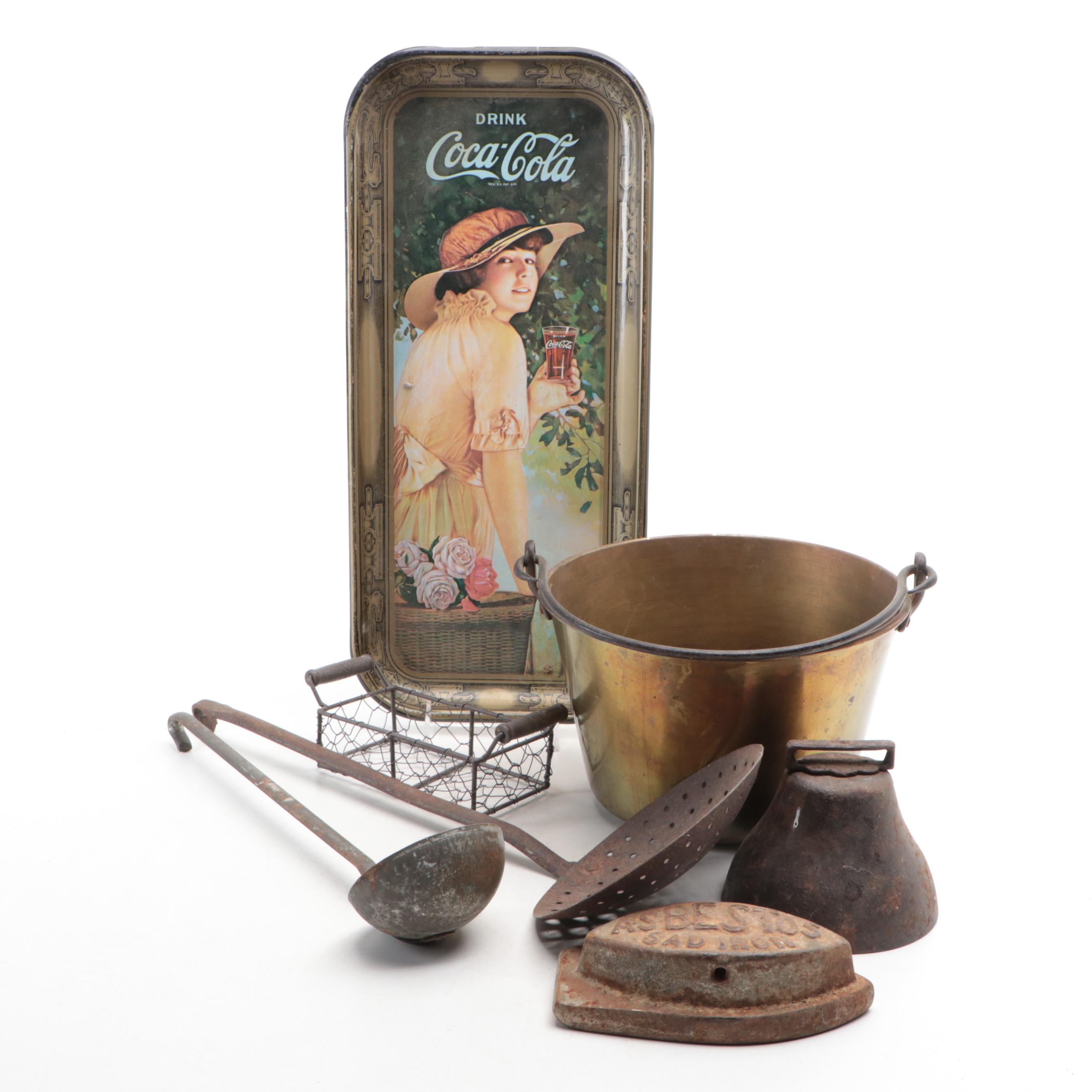 Coca-Cola Vintage Tray with Asbestos Sad Iron, Brass Bucket, Strainers and More