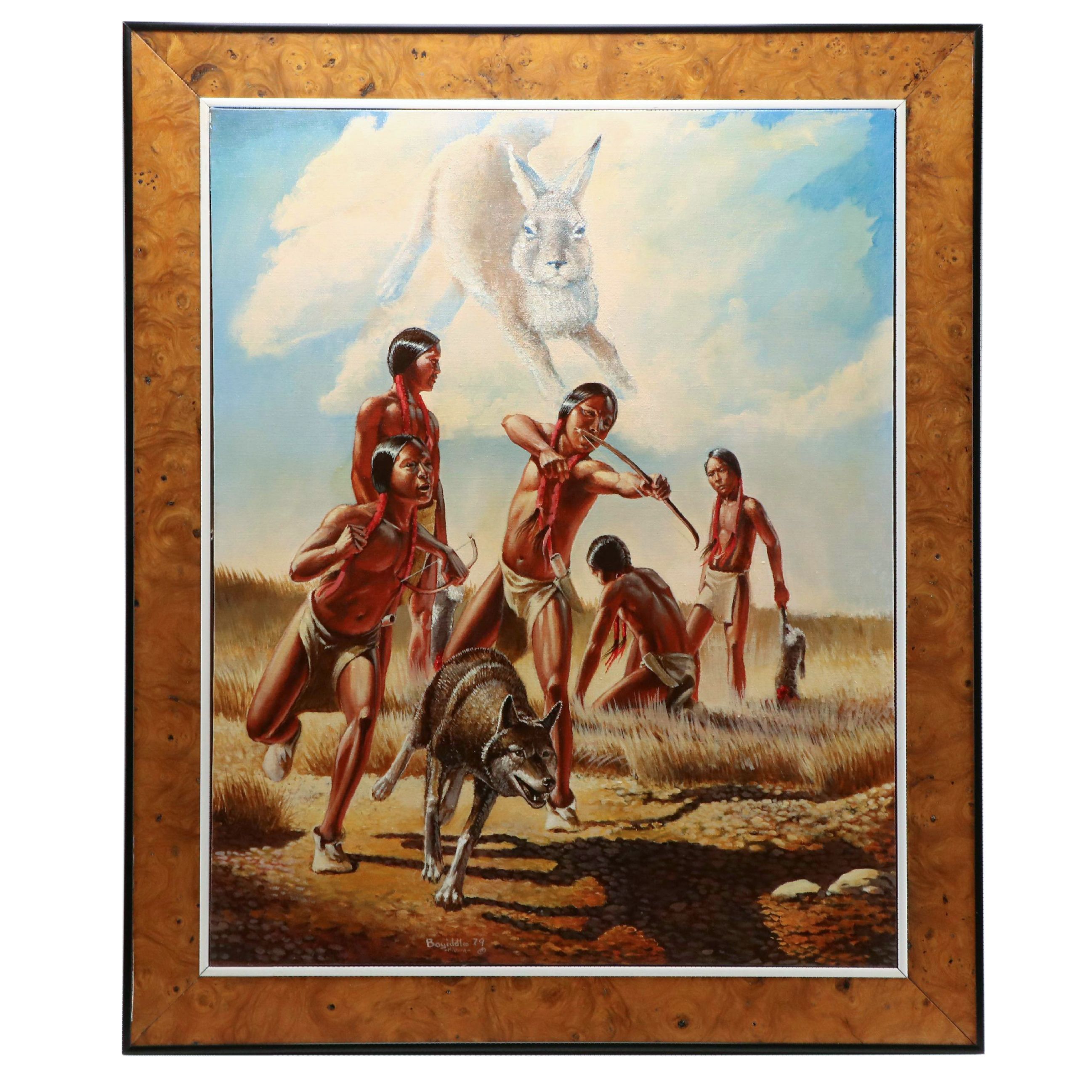 Parker Boyiddle Oil Painting of Rabbit Hunting Scene, 1979