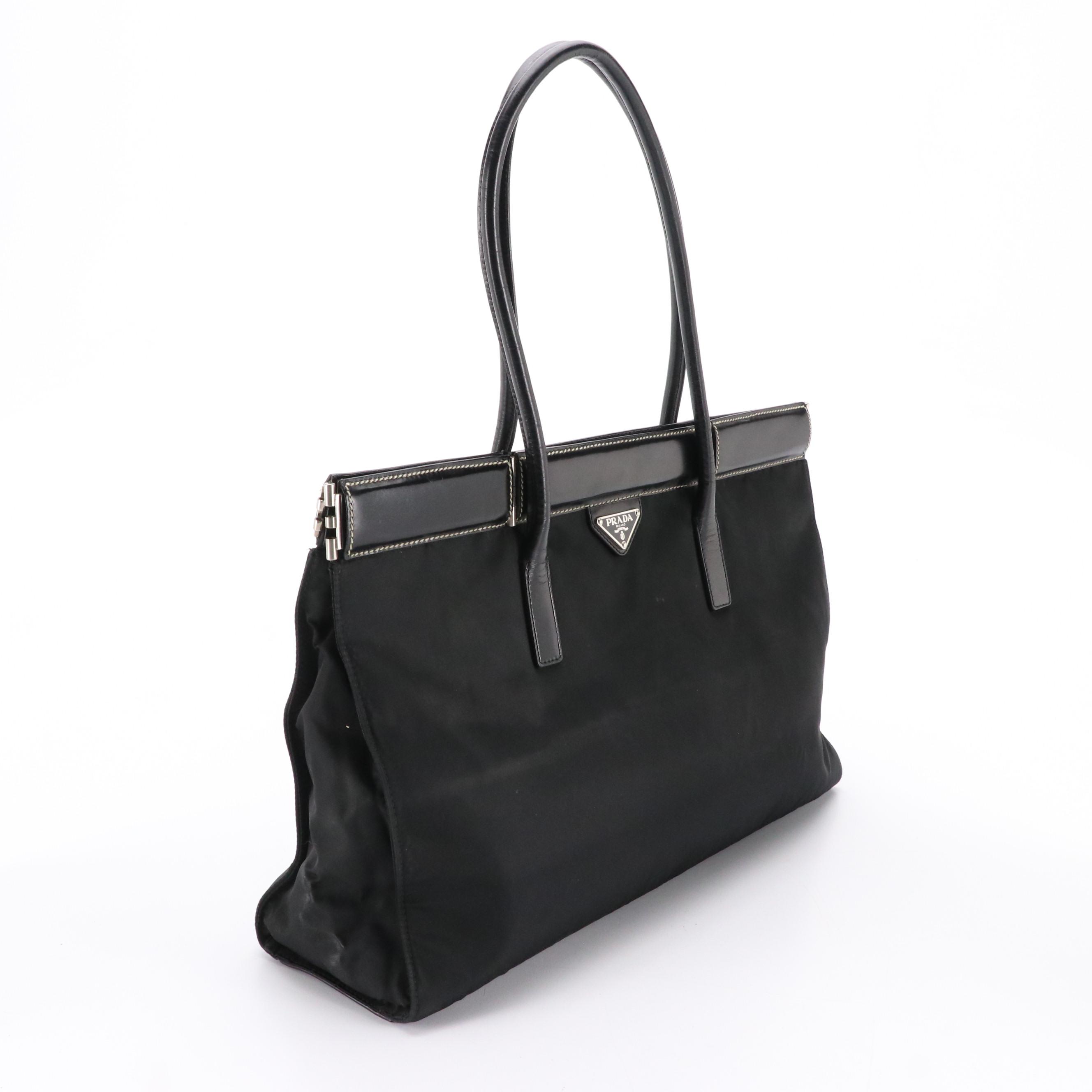 Prada Hinged-Frame Shoulder Tote in Black Tessuto Nylon and Leather Trim