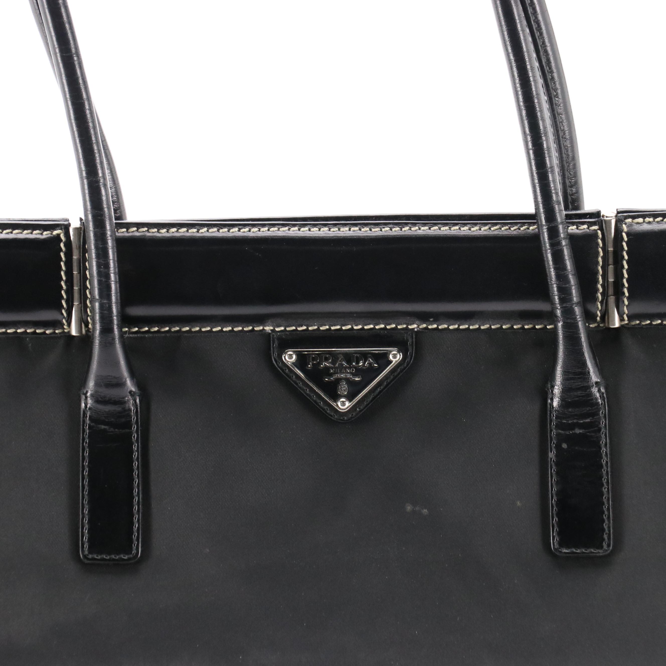 Prada Hinged-Frame Shoulder Tote in Black Tessuto Nylon and Leather Trim