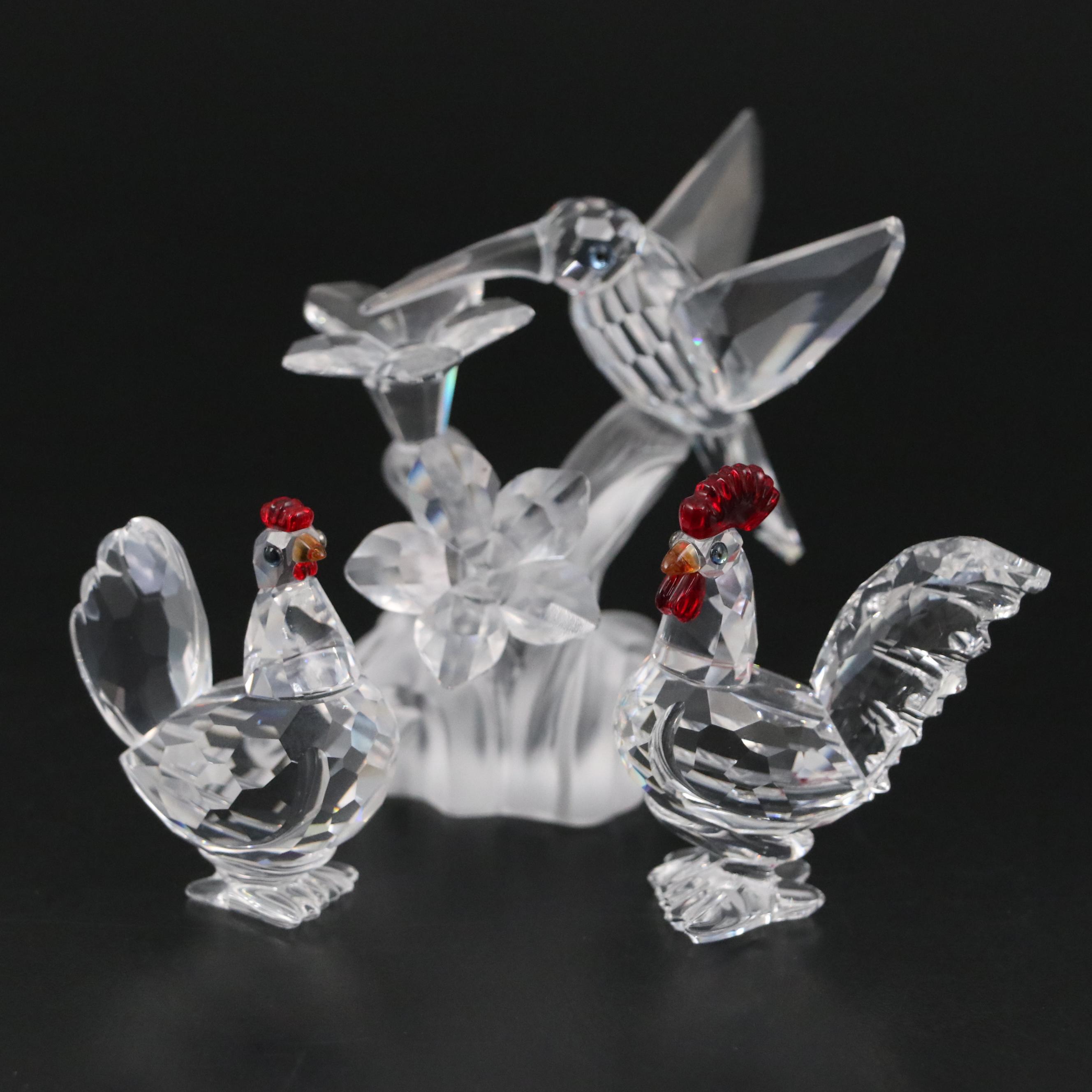 Swarovski Crystal Rooster & Hen, Hummingbird Figurines with Original Boxes