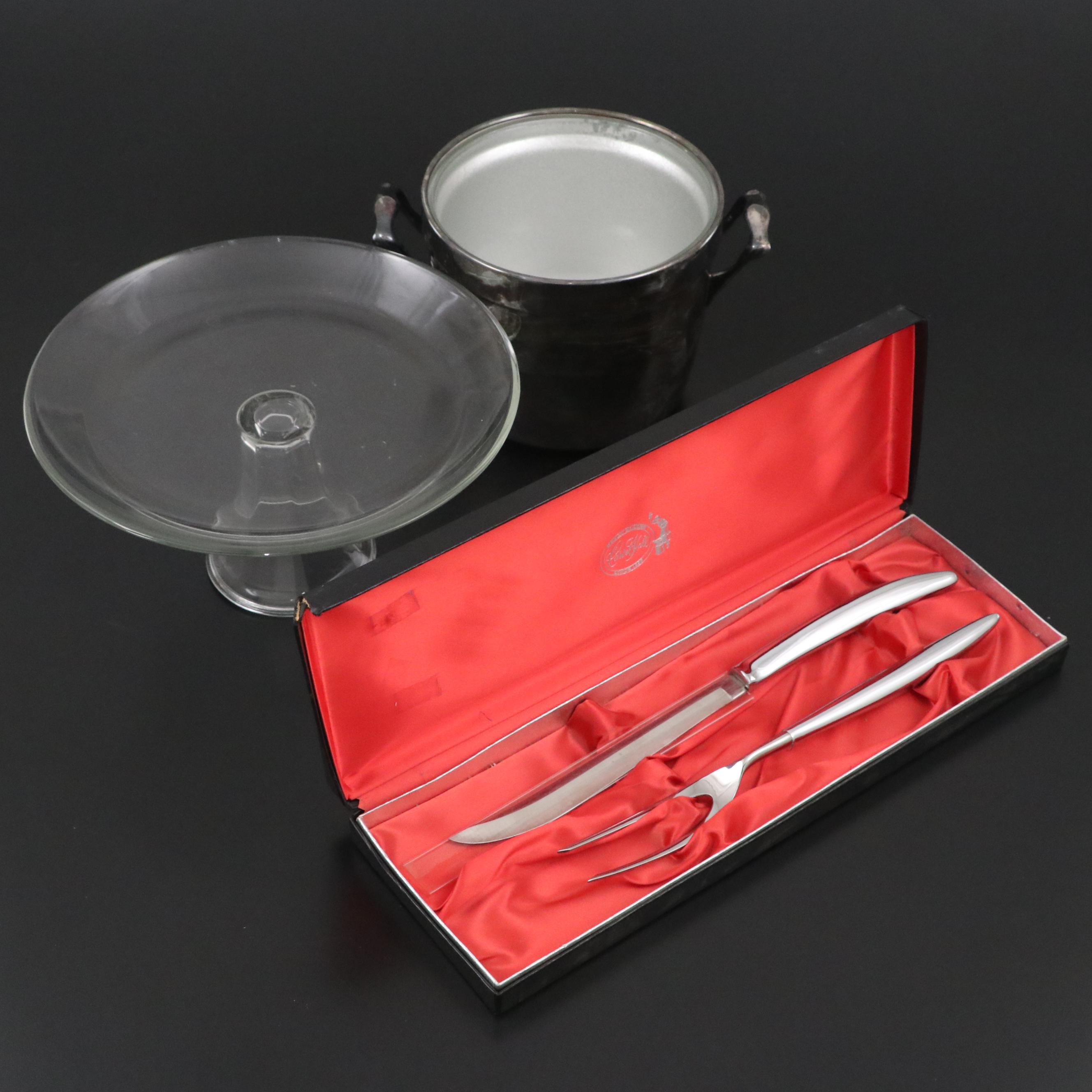 Crescent Silver Plate Ice Bucket with Stainless Steel Carving Set and More