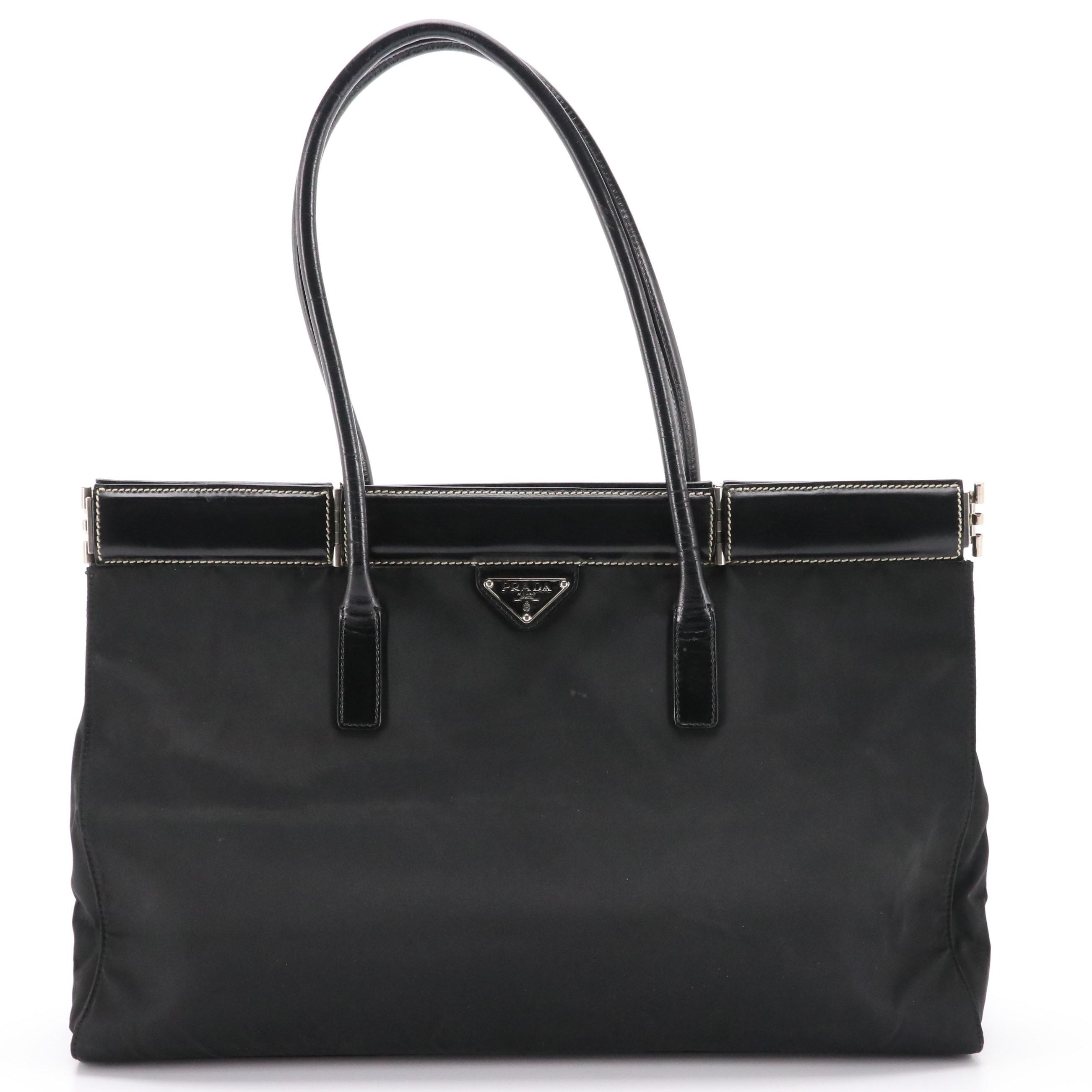 Prada Hinged-Frame Shoulder Tote in Black Tessuto Nylon and Leather Trim