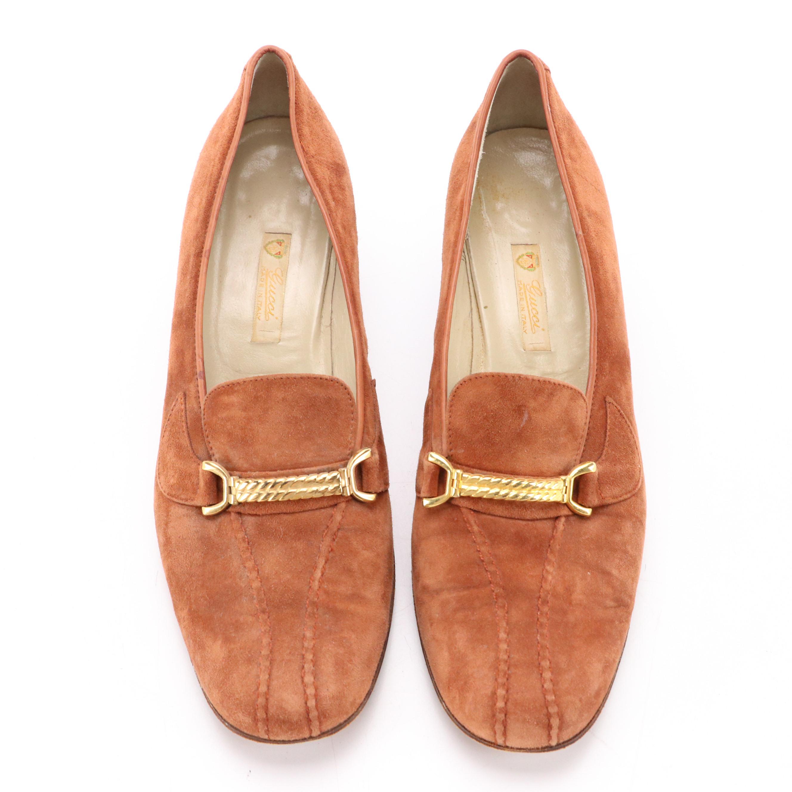 Gucci Vintage Caramel Suede Gold-Tone Horsebit Block-Heel Loafers