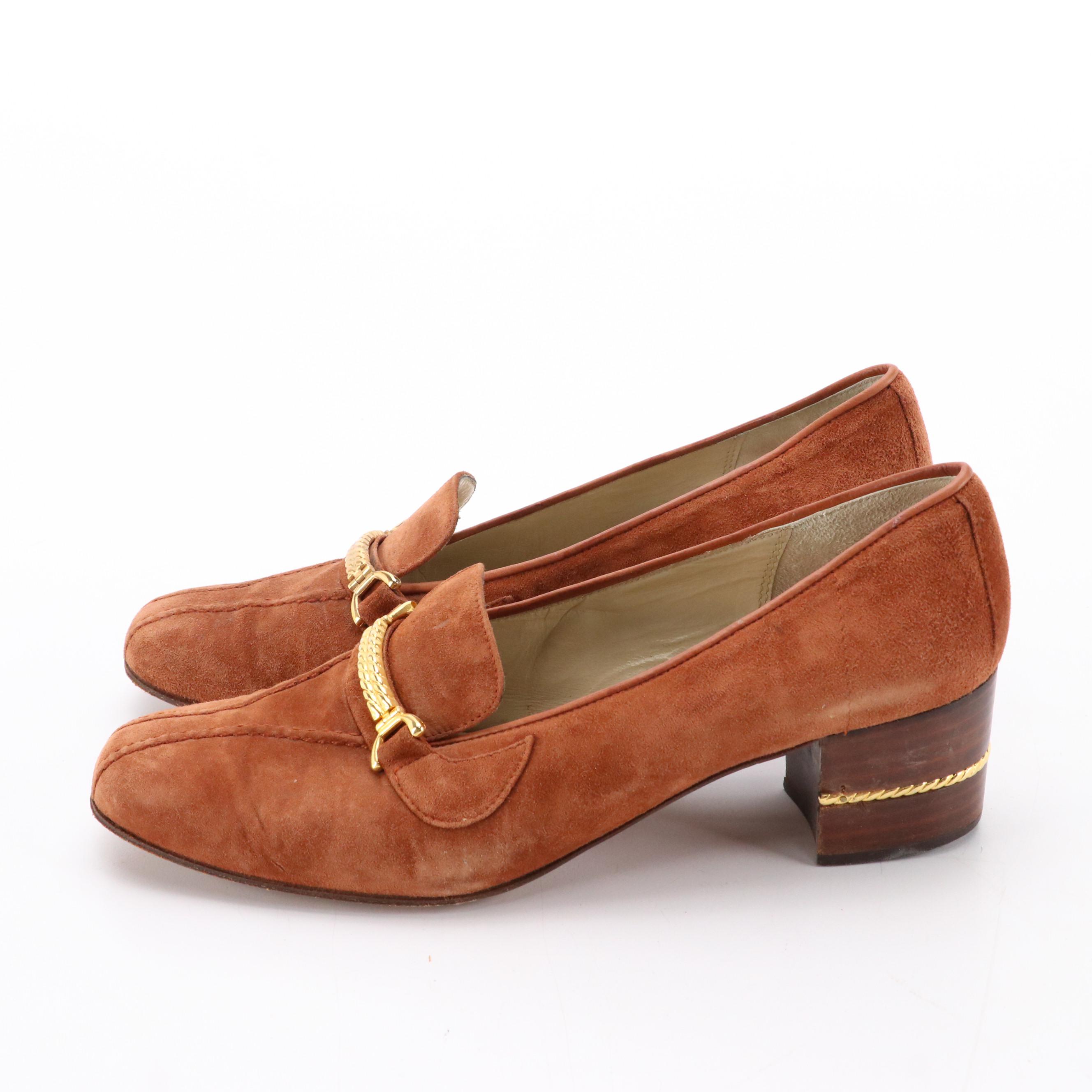 Gucci Vintage Caramel Suede Gold-Tone Horsebit Block-Heel Loafers