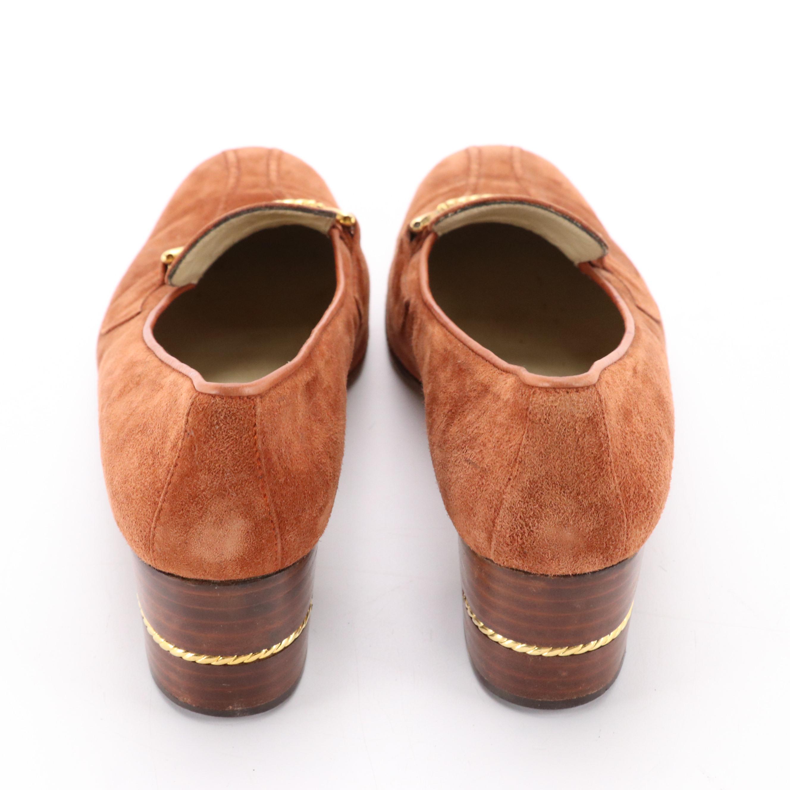 Gucci Vintage Caramel Suede Gold-Tone Horsebit Block-Heel Loafers
