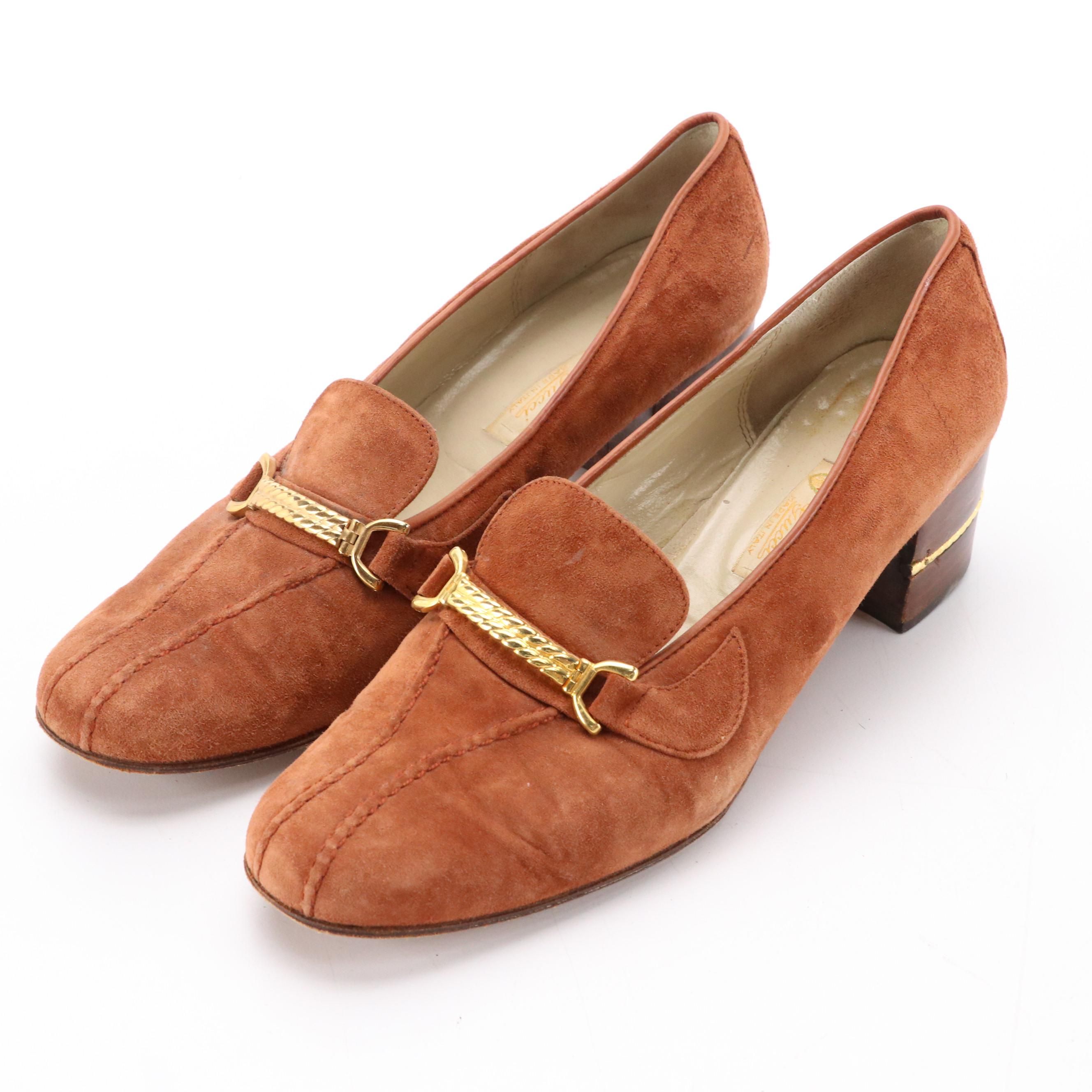 Gucci Vintage Caramel Suede Gold-Tone Horsebit Block-Heel Loafers