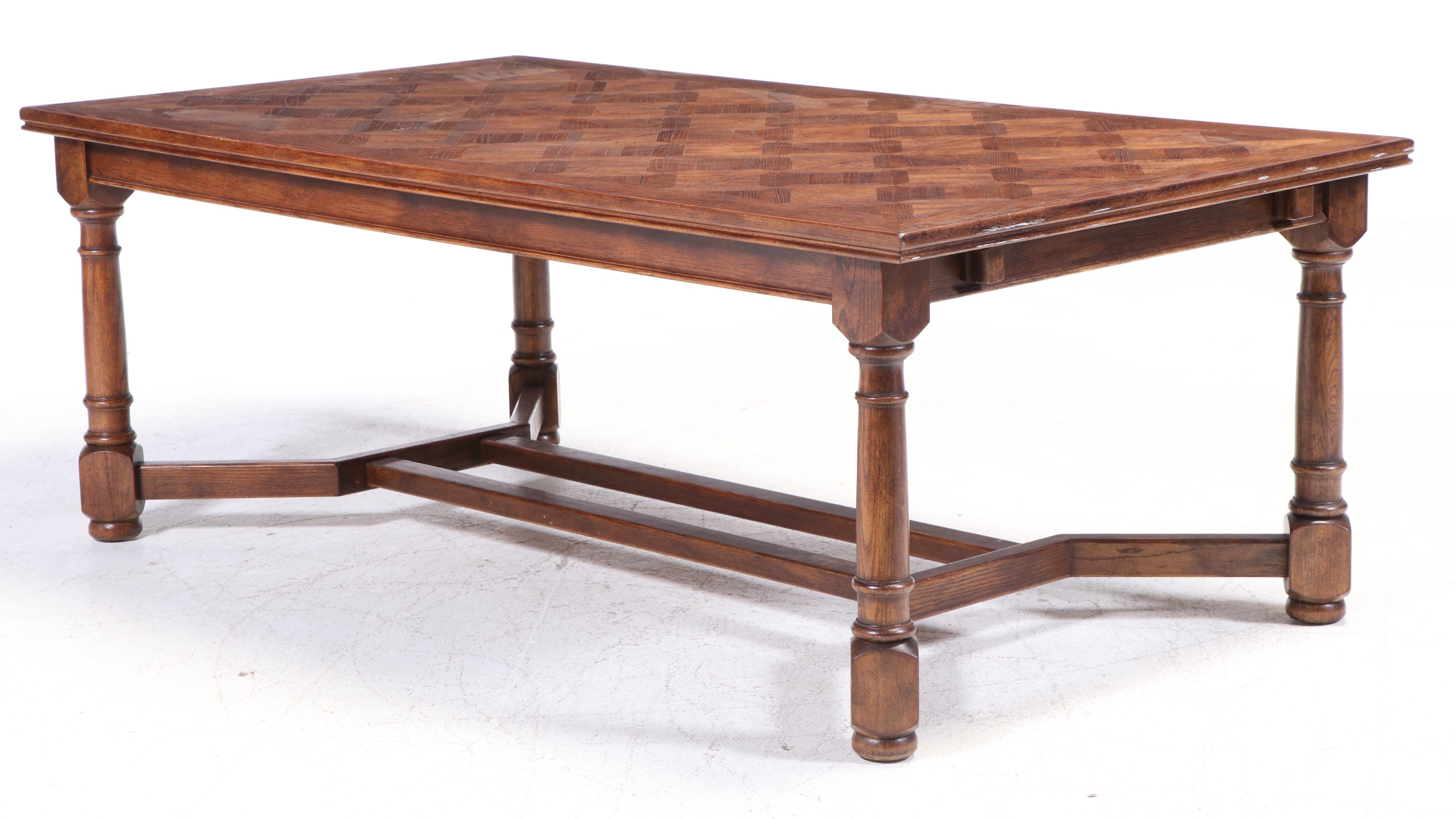 Century French Country Style Parquet Top Oak Dining Table and Chairs