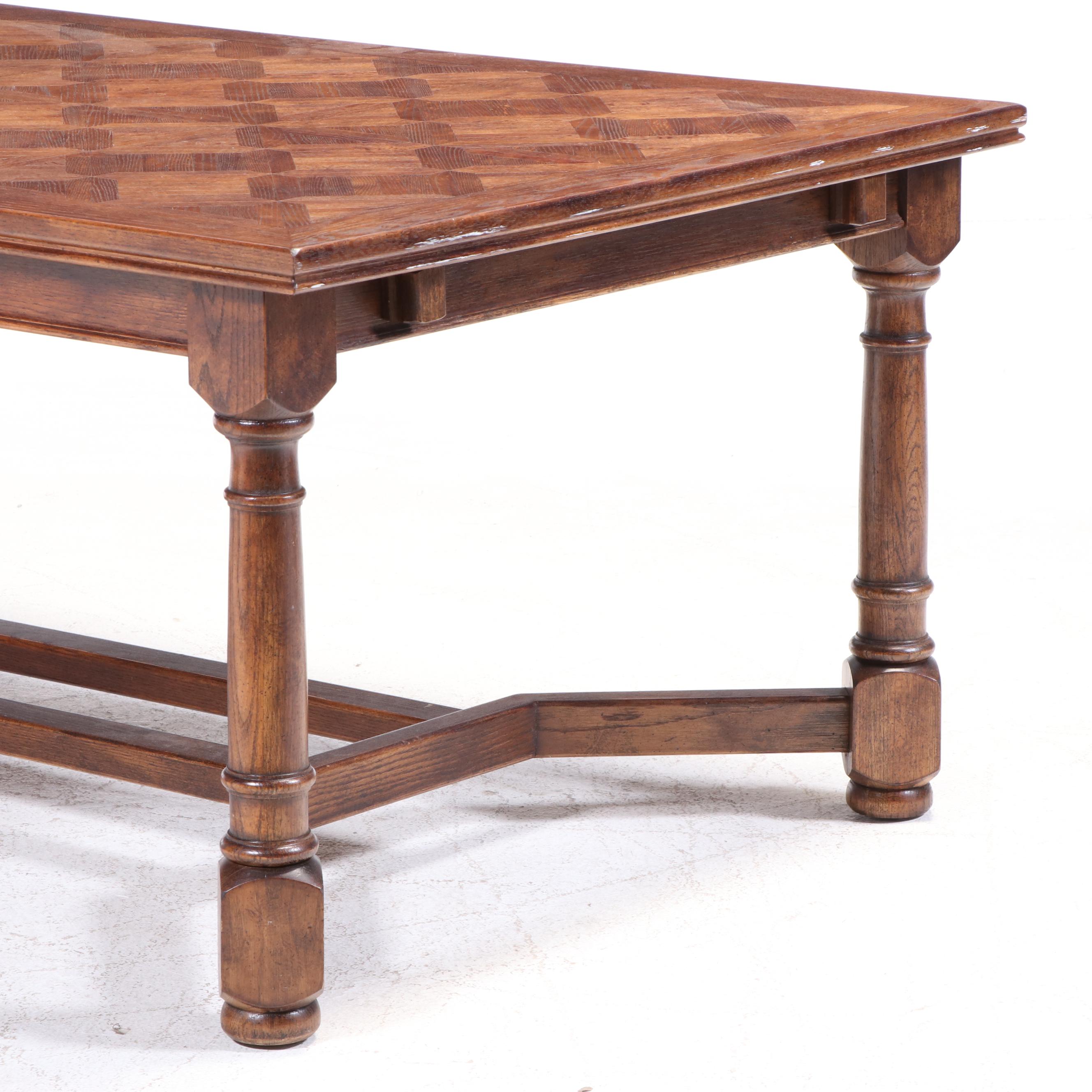 Century French Country Style Parquet Top Oak Dining Table and Chairs