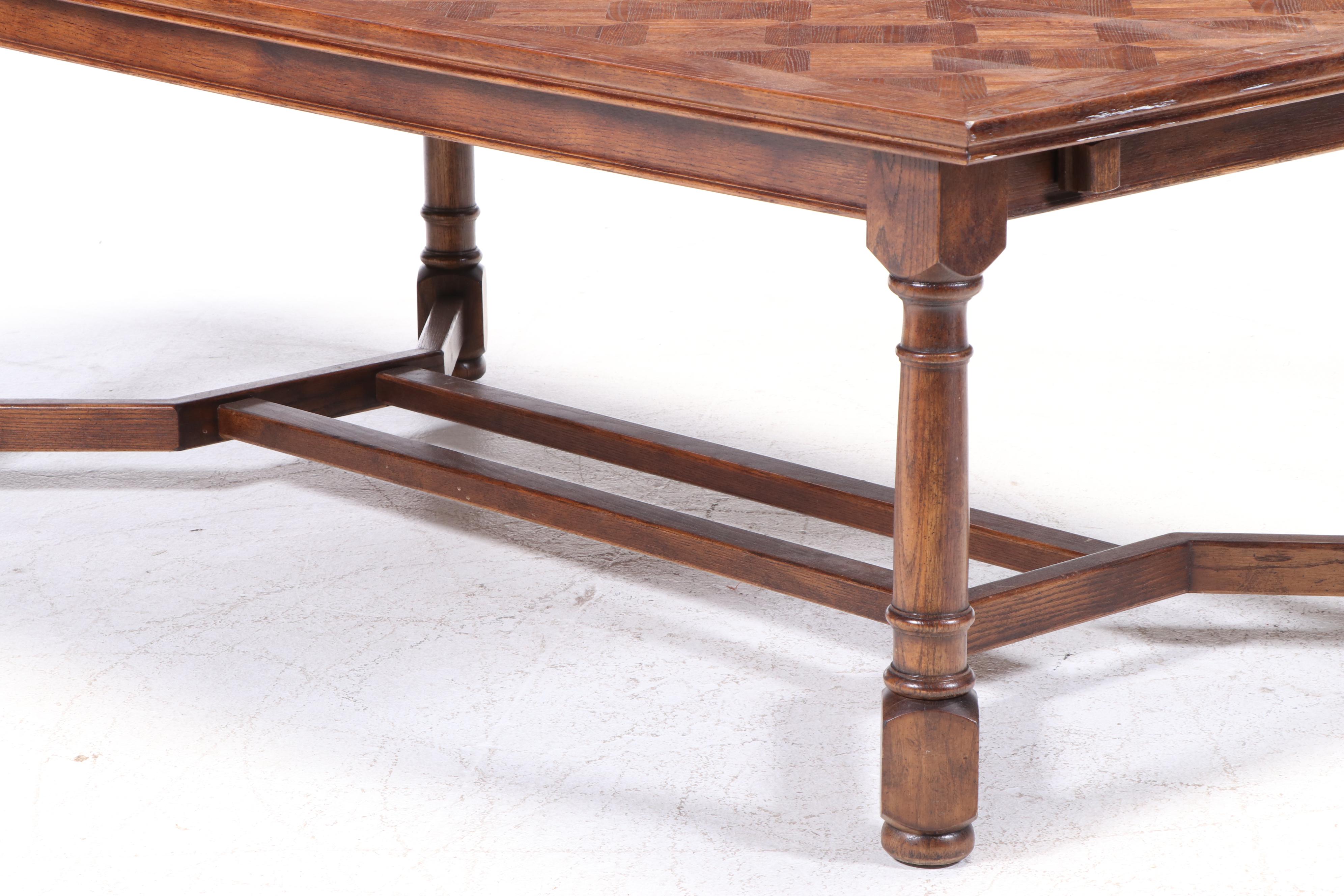Century French Country Style Parquet Top Oak Dining Table and Chairs