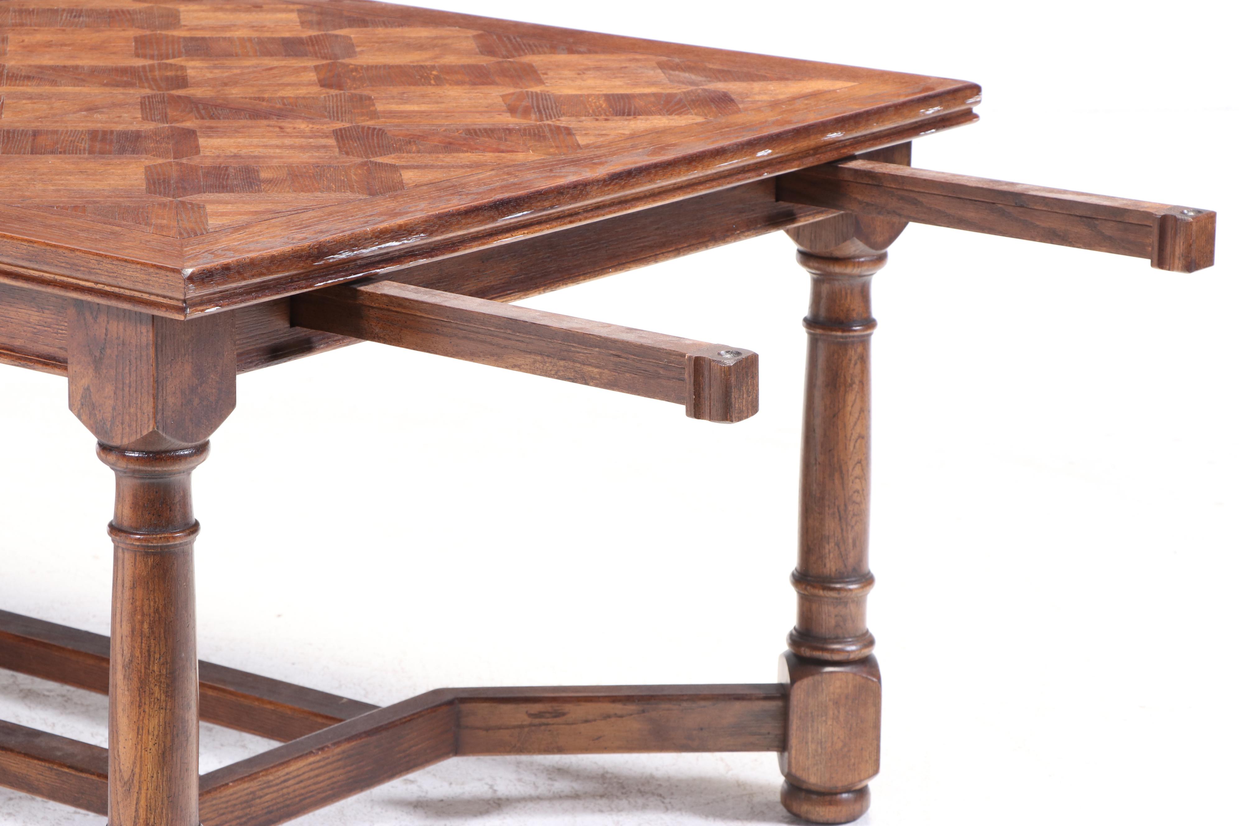 Century French Country Style Parquet Top Oak Dining Table and Chairs