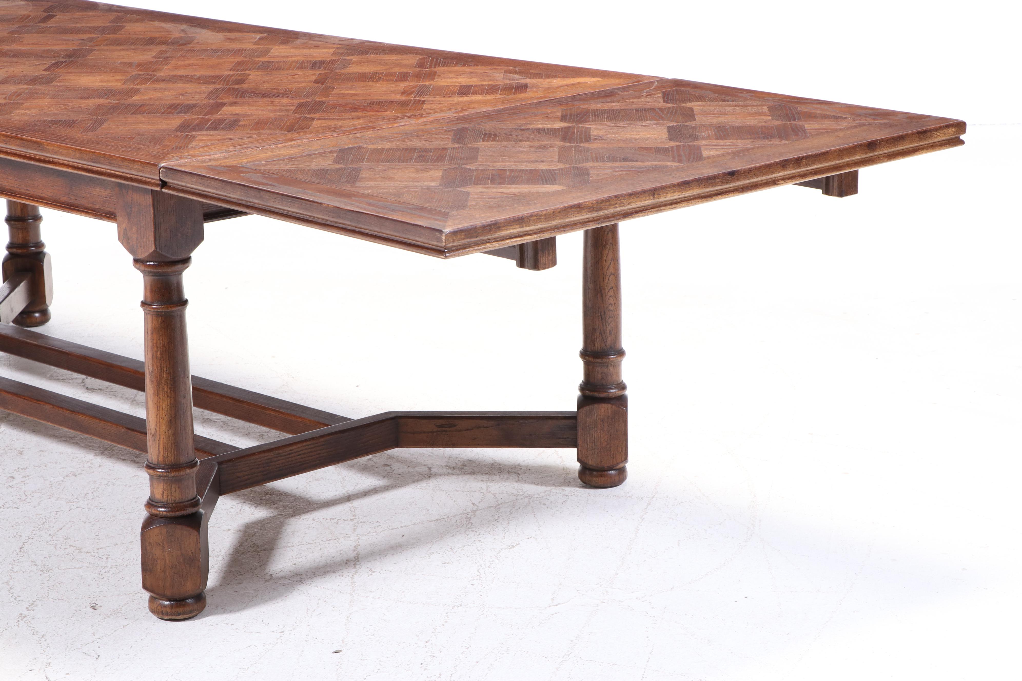 Century French Country Style Parquet Top Oak Dining Table and Chairs