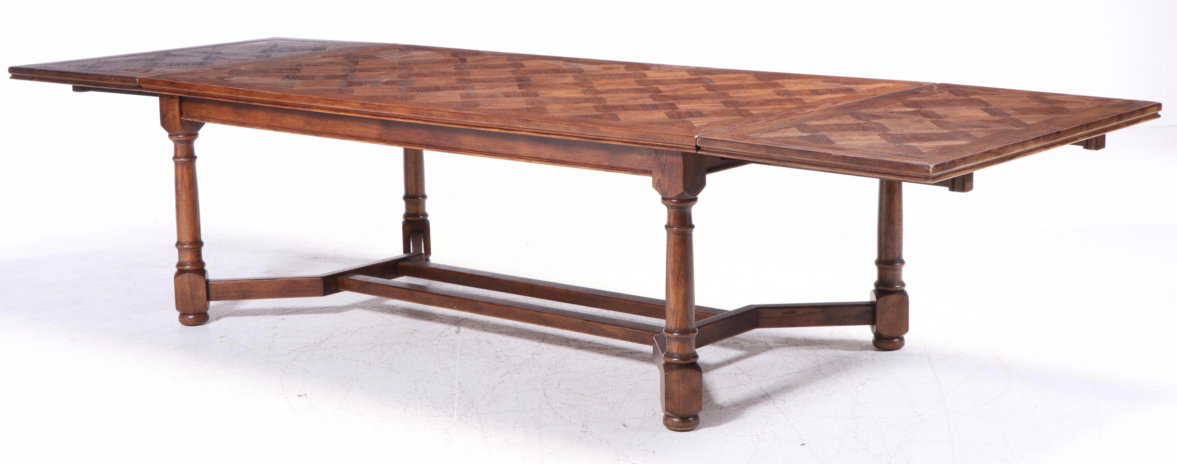 Century French Country Style Parquet Top Oak Dining Table and Chairs