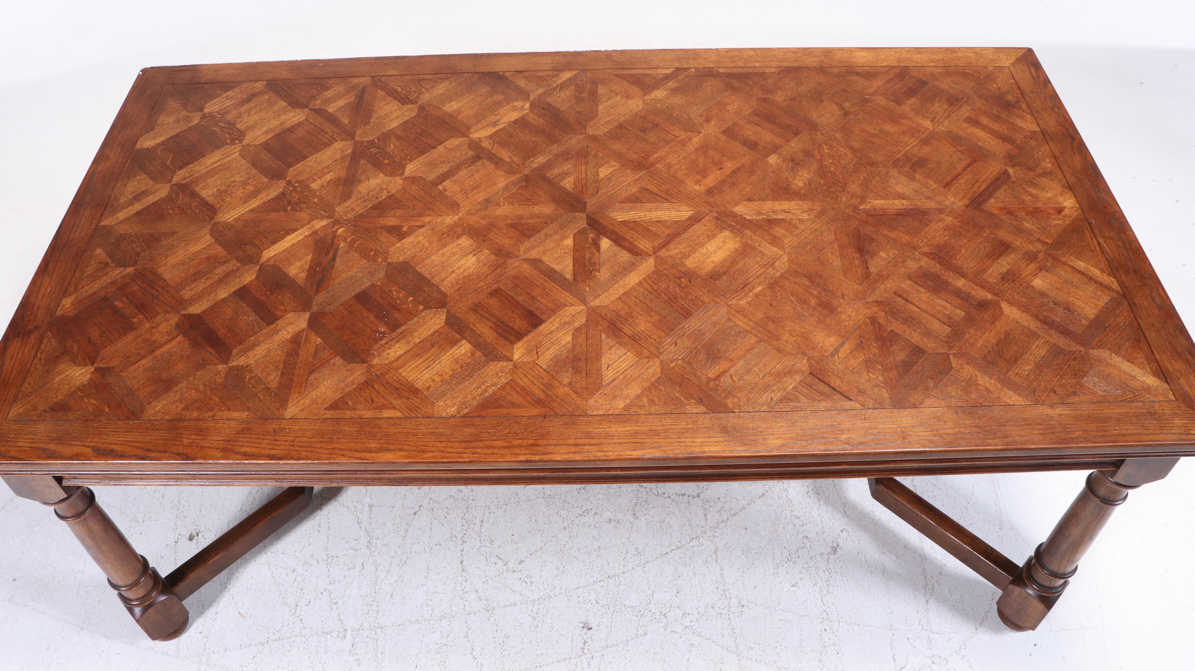 Century French Country Style Parquet Top Oak Dining Table and Chairs