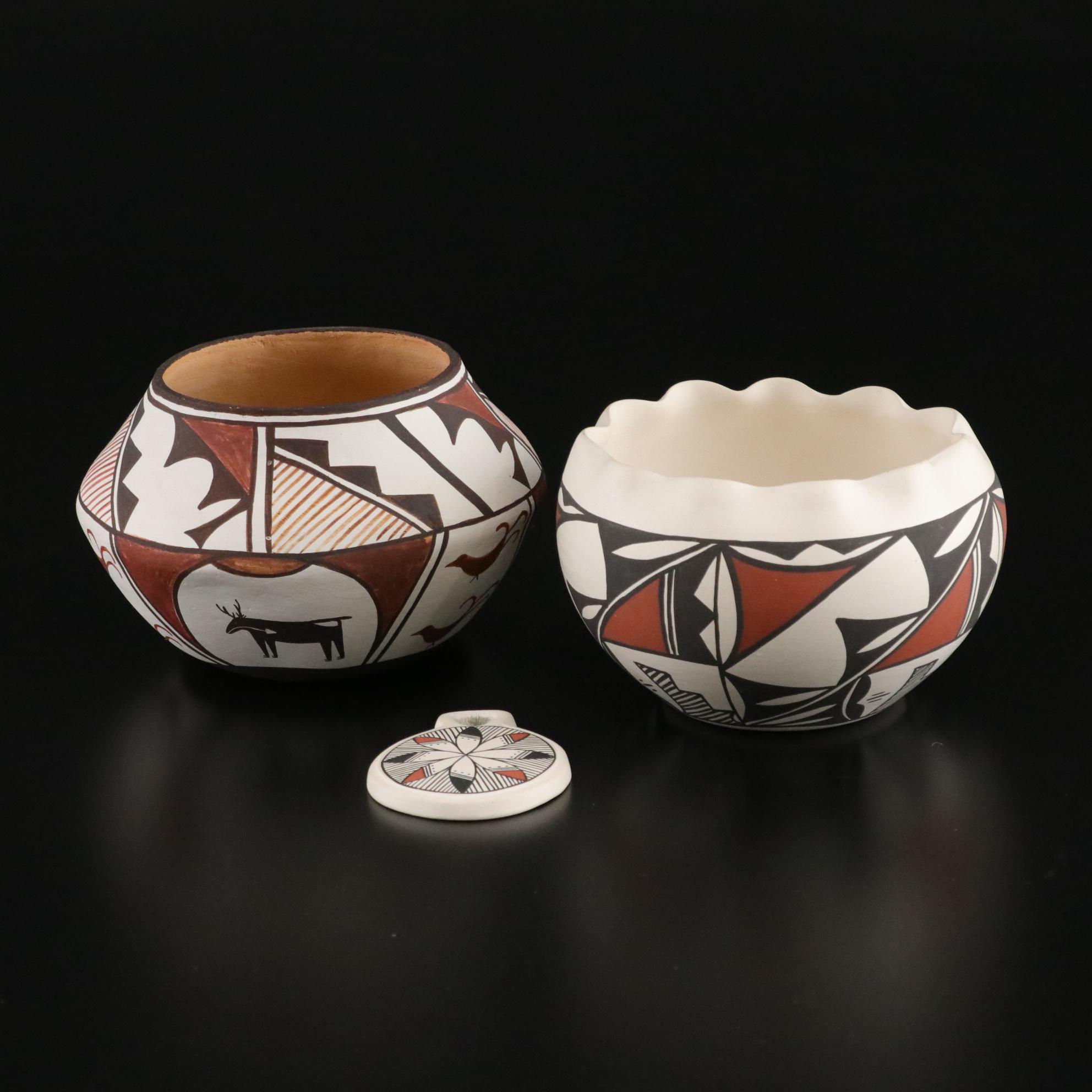 Native American Hand-Painted Southwestern Pottery Bowls and Pendant