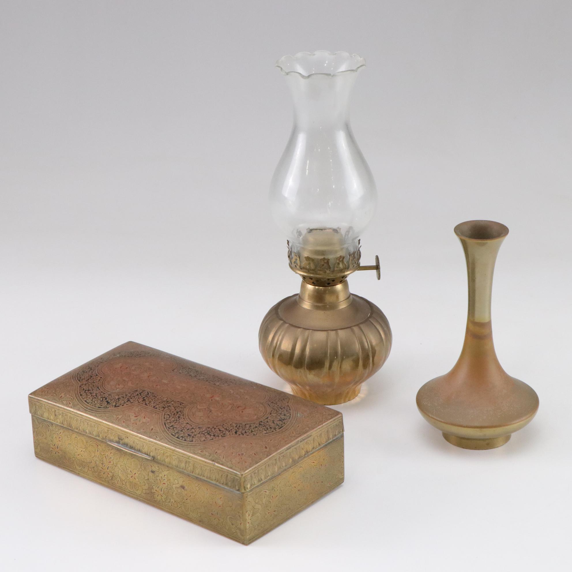 Engraved Brass Trinket Box with Enamel Decor with Brass Vase and Oil Lamp