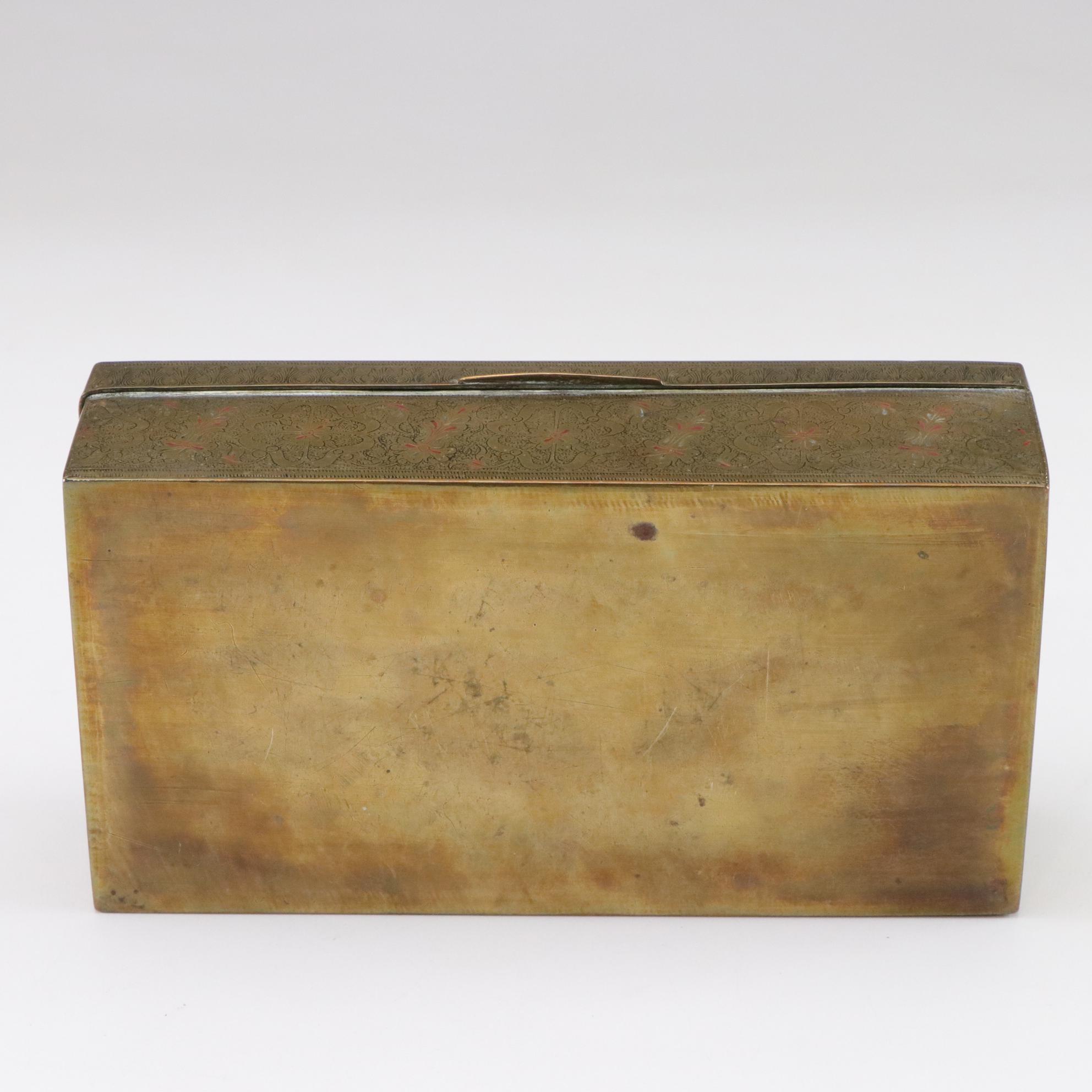 Engraved Brass Trinket Box with Enamel Decor with Brass Vase and Oil Lamp