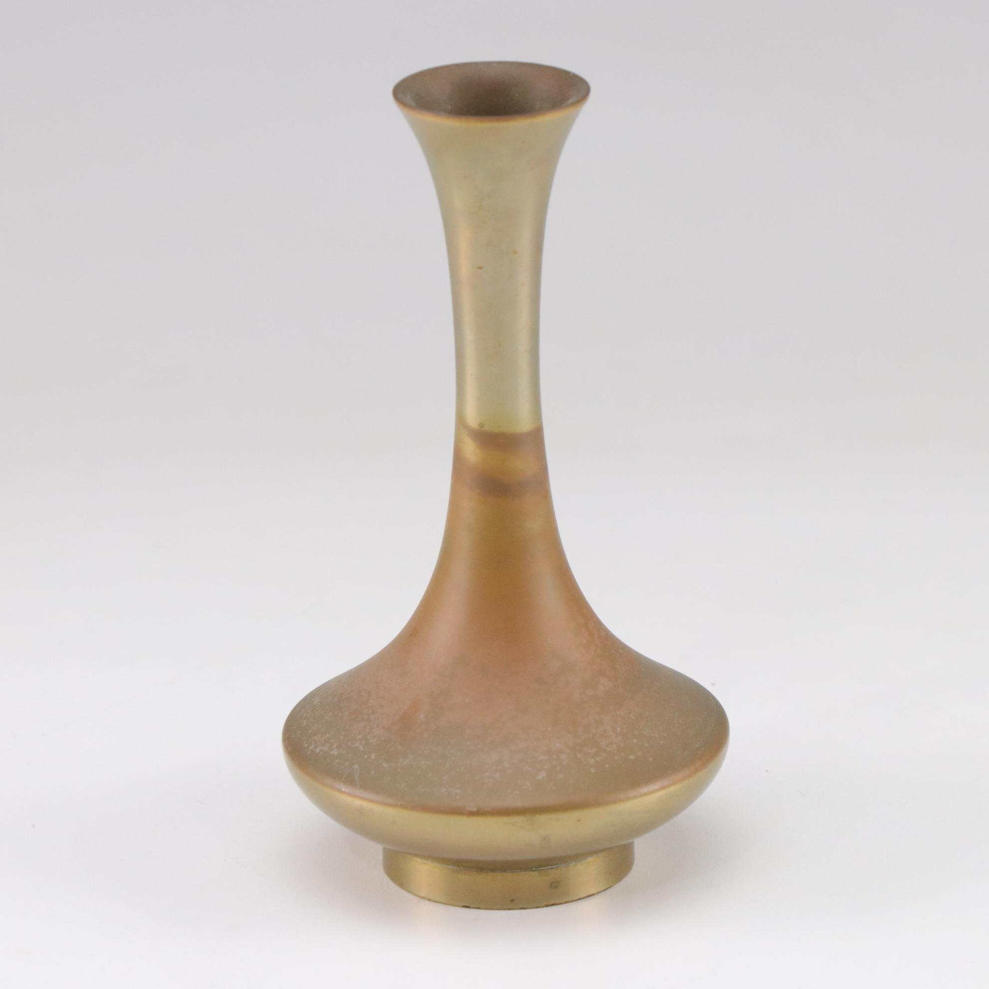 Engraved Brass Trinket Box with Enamel Decor with Brass Vase and Oil Lamp