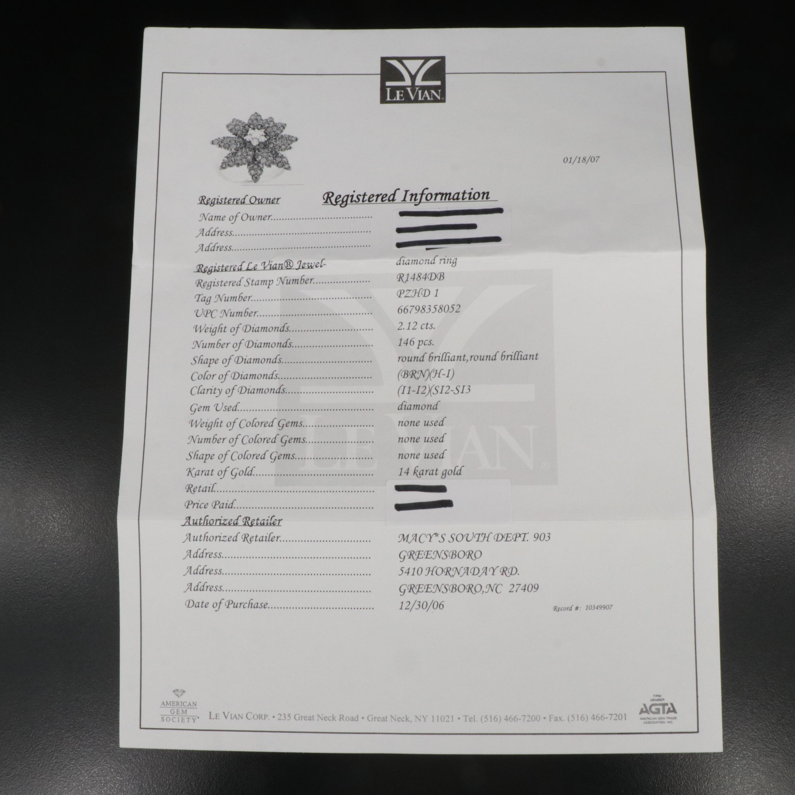 Le Vian 14K 2.12 CTW Diamond Flower Ring with Provenance