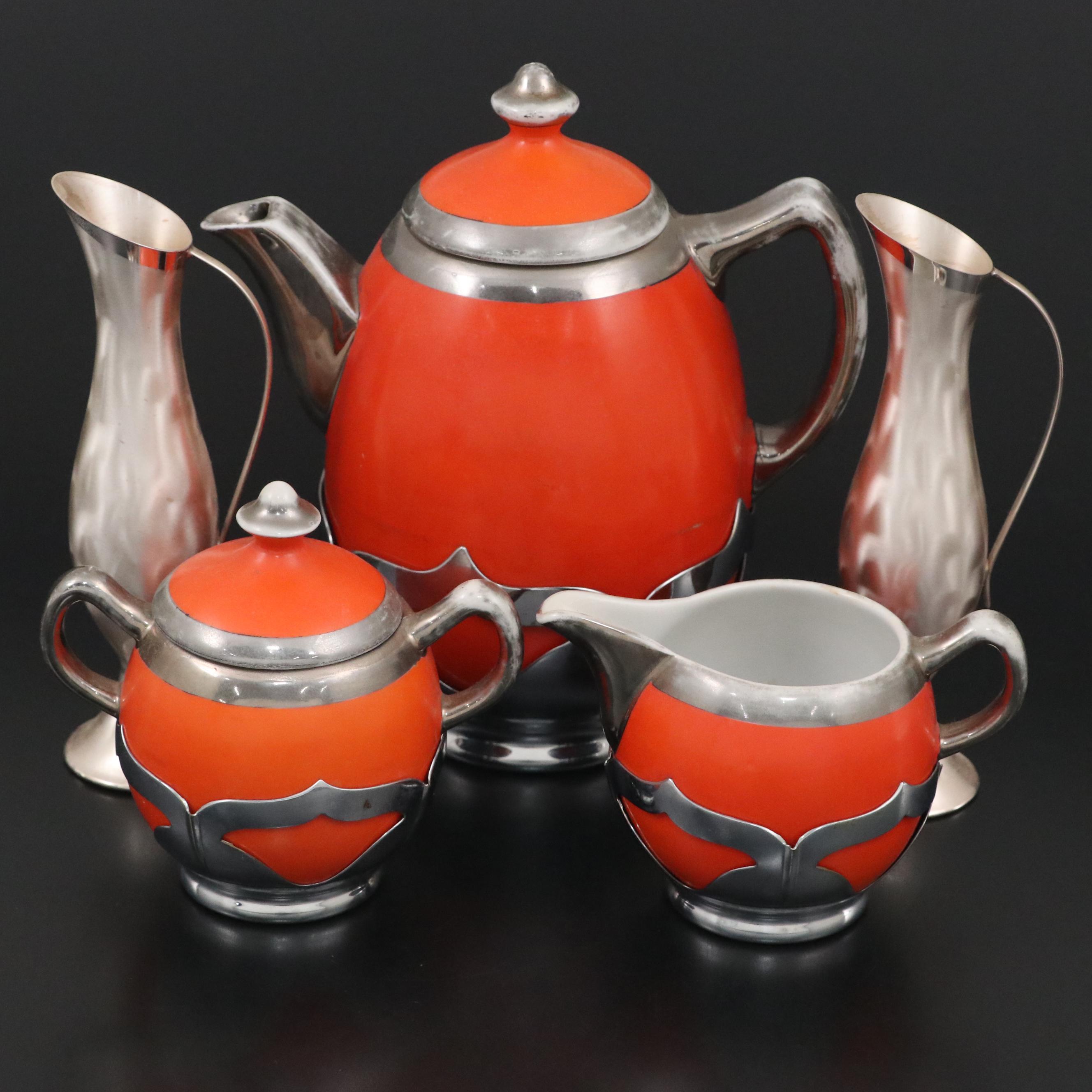 Farber Bros Fraunfelter Orange & Silver Plate Tea Set & Art Deco Style Bud Vases