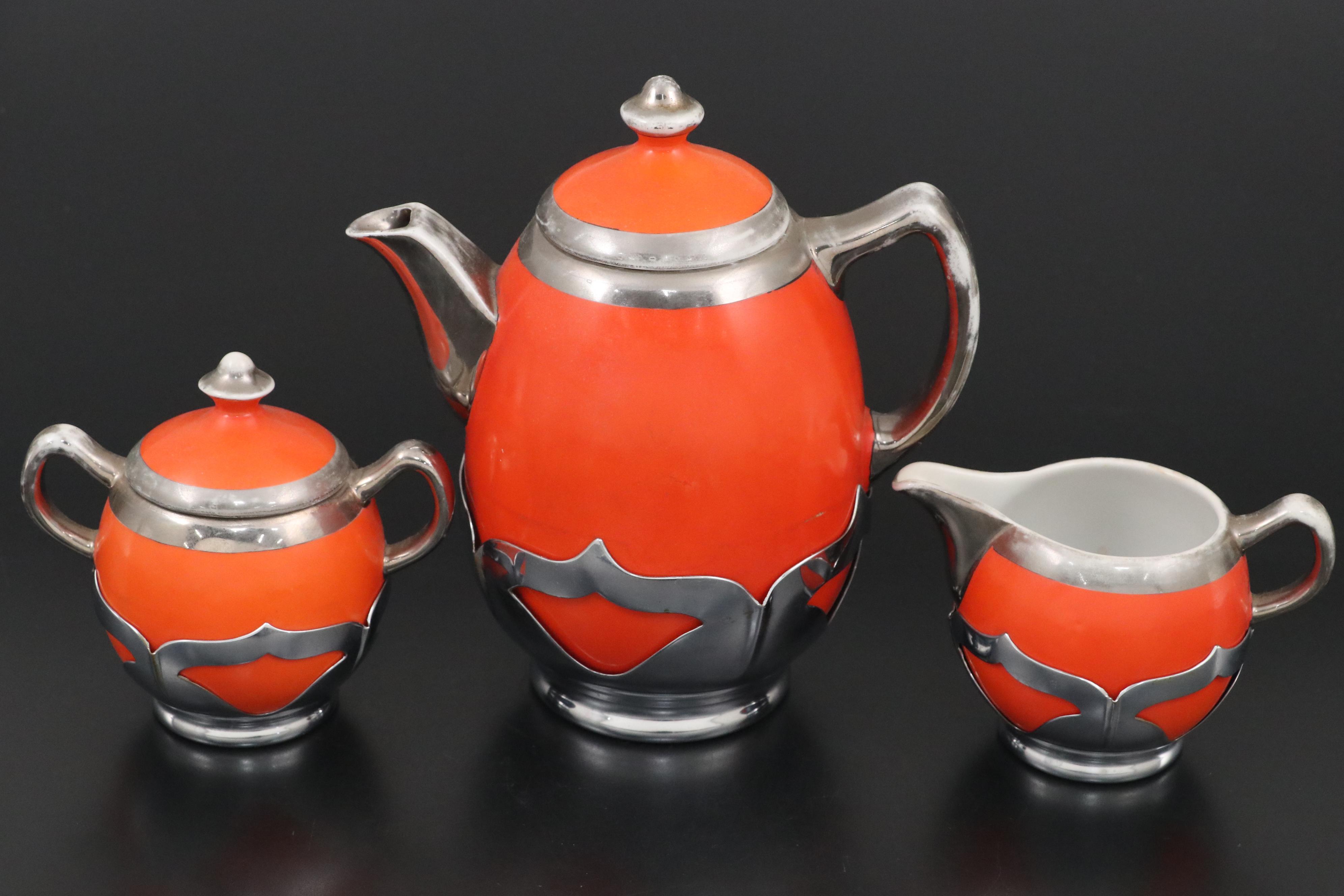 Farber Bros Fraunfelter Orange & Silver Plate Tea Set & Art Deco Style Bud Vases