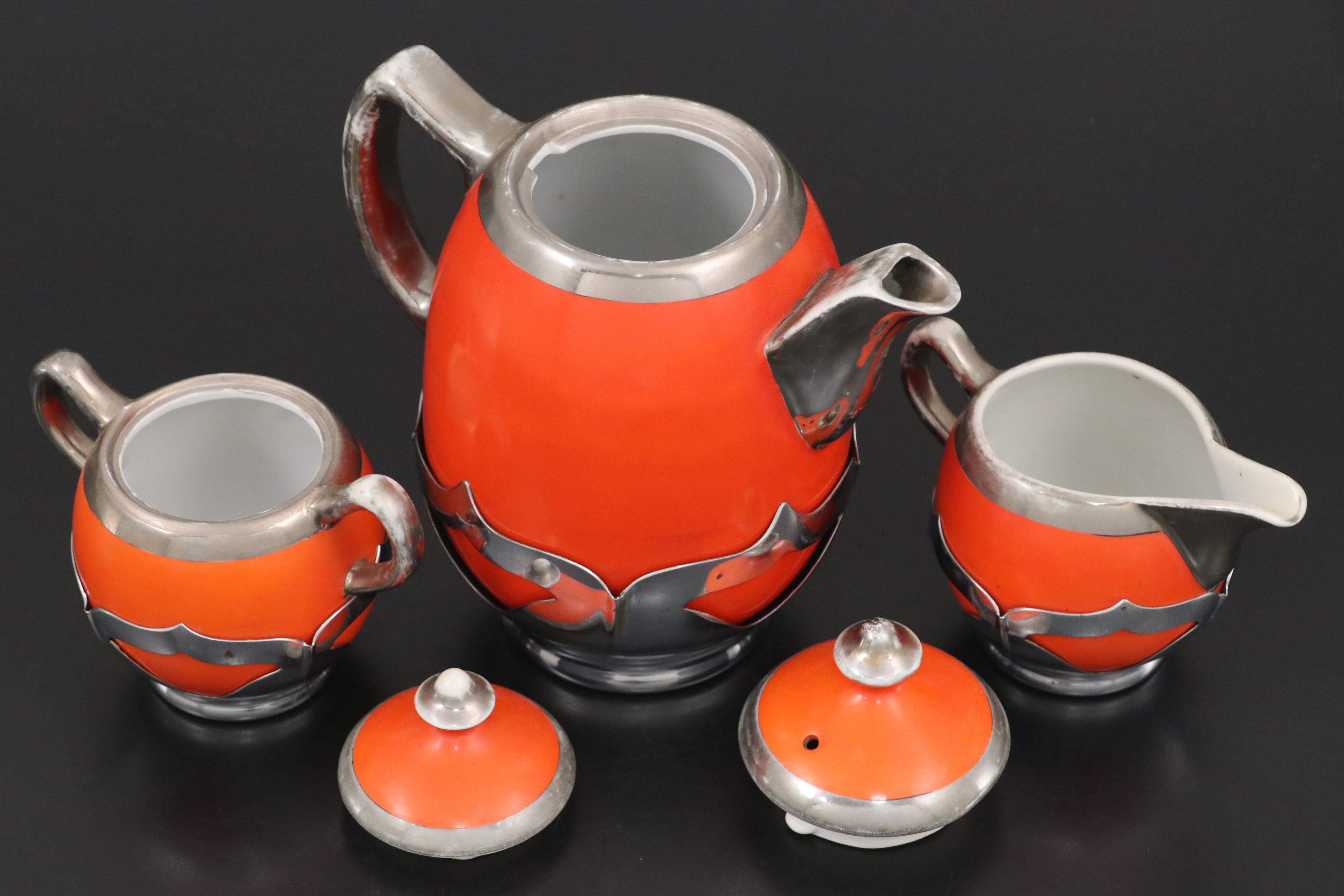 Farber Bros Fraunfelter Orange & Silver Plate Tea Set & Art Deco Style Bud Vases